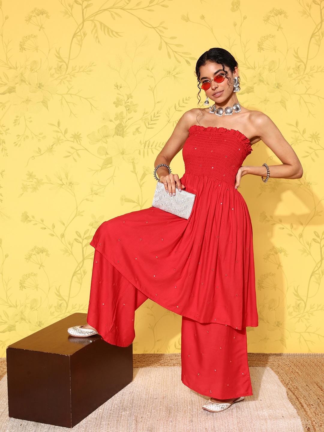 

InWeave Women Pleated Mirror Work Off-Shoulder Kurta With Palazzos, Red
