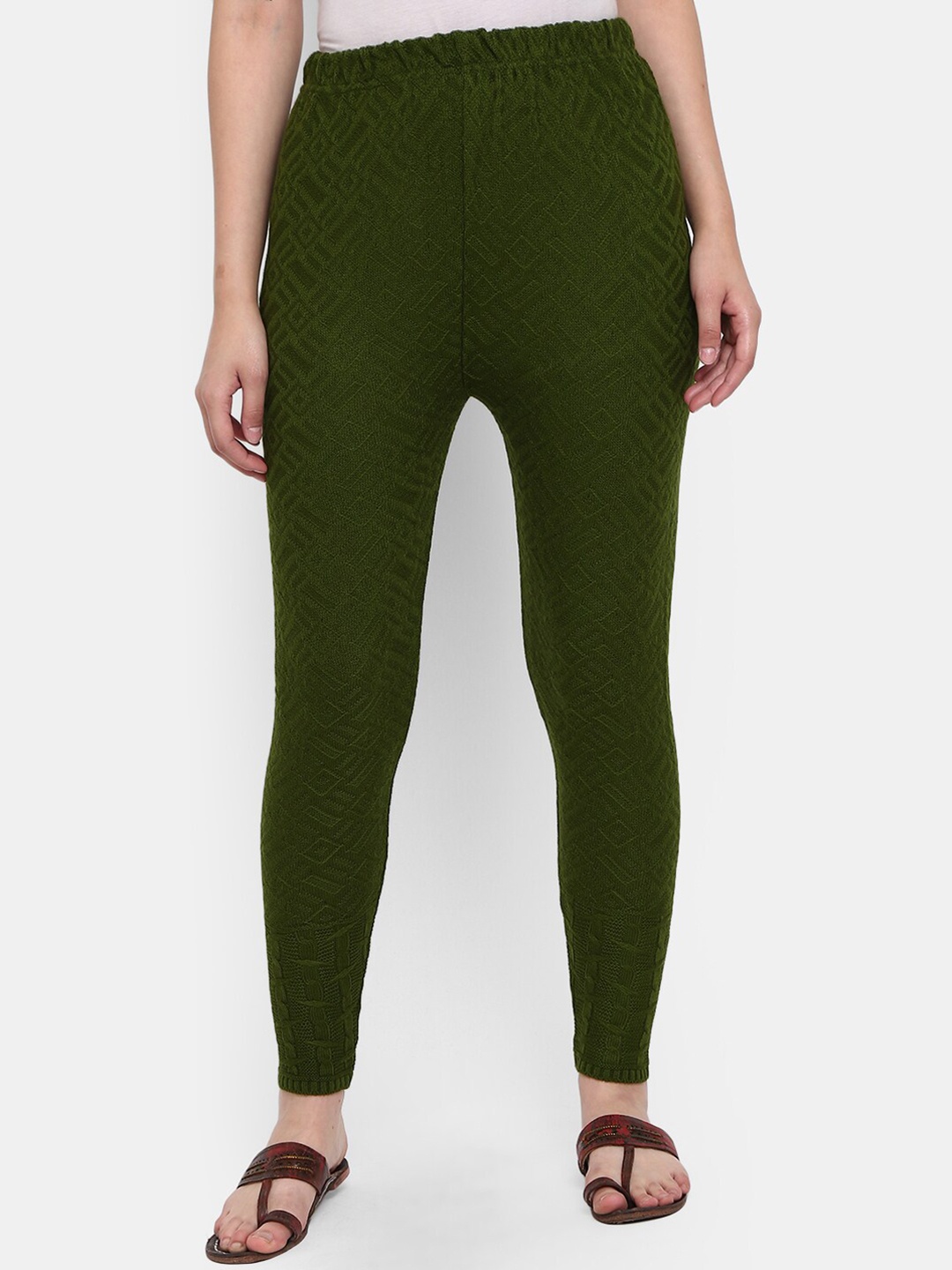 

V-Mart Acrylic Self Design Ankle-Length Leggings, Olive
