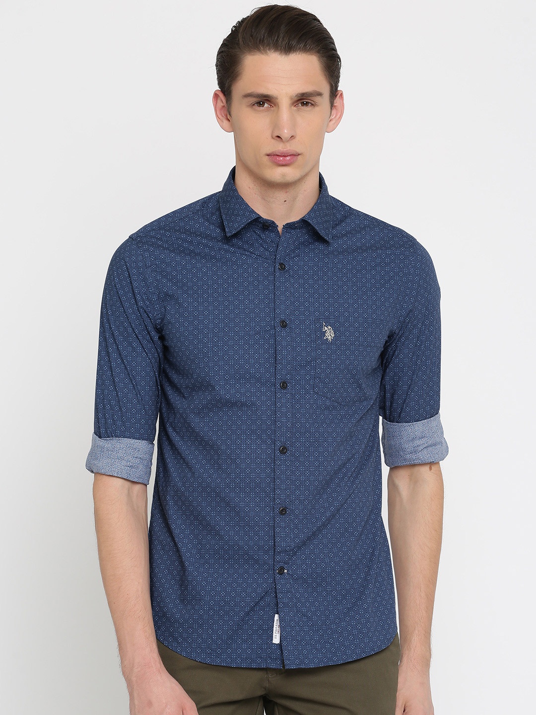 

U.S. Polo Assn. Men Blue Tailored Fit Printed Casual Shirt