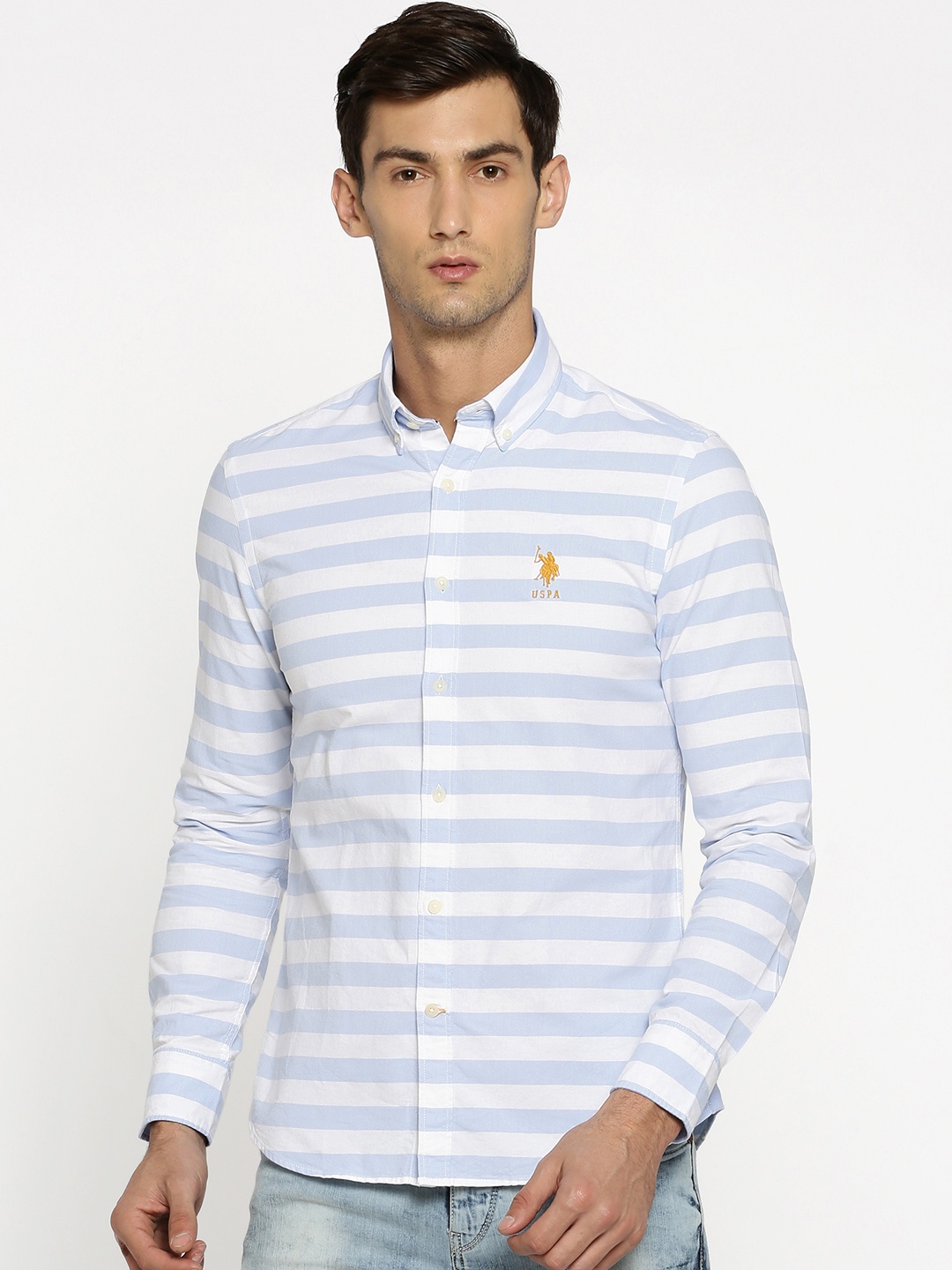 

U.S. Polo Assn. Men Blue & White Tailored Fit Striped Casual Shirt