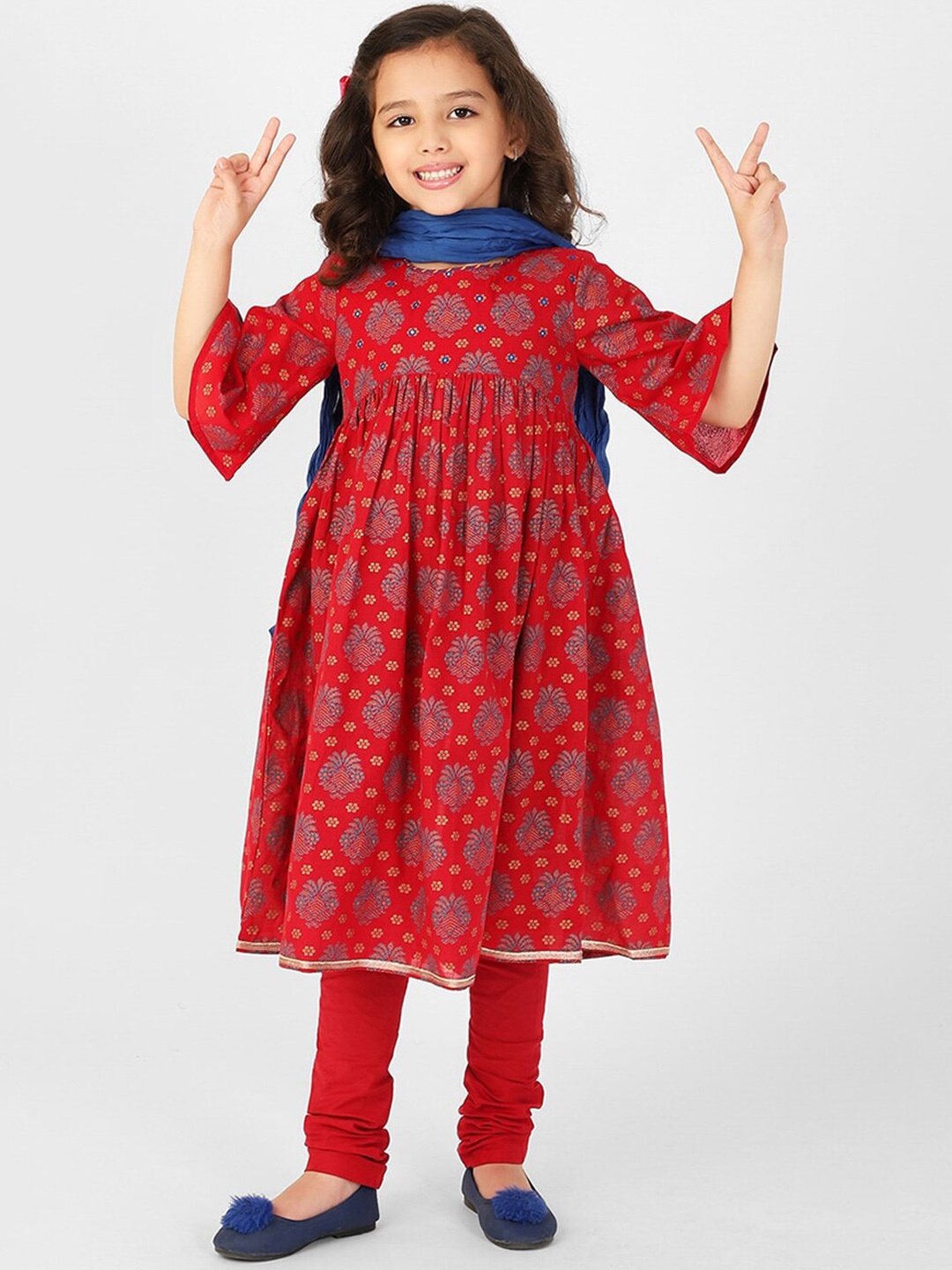 

Fabindia Girls Ethnic Motifs Printed Empire Pure Cotton Kurta with Churidar & With Dupatta, Red