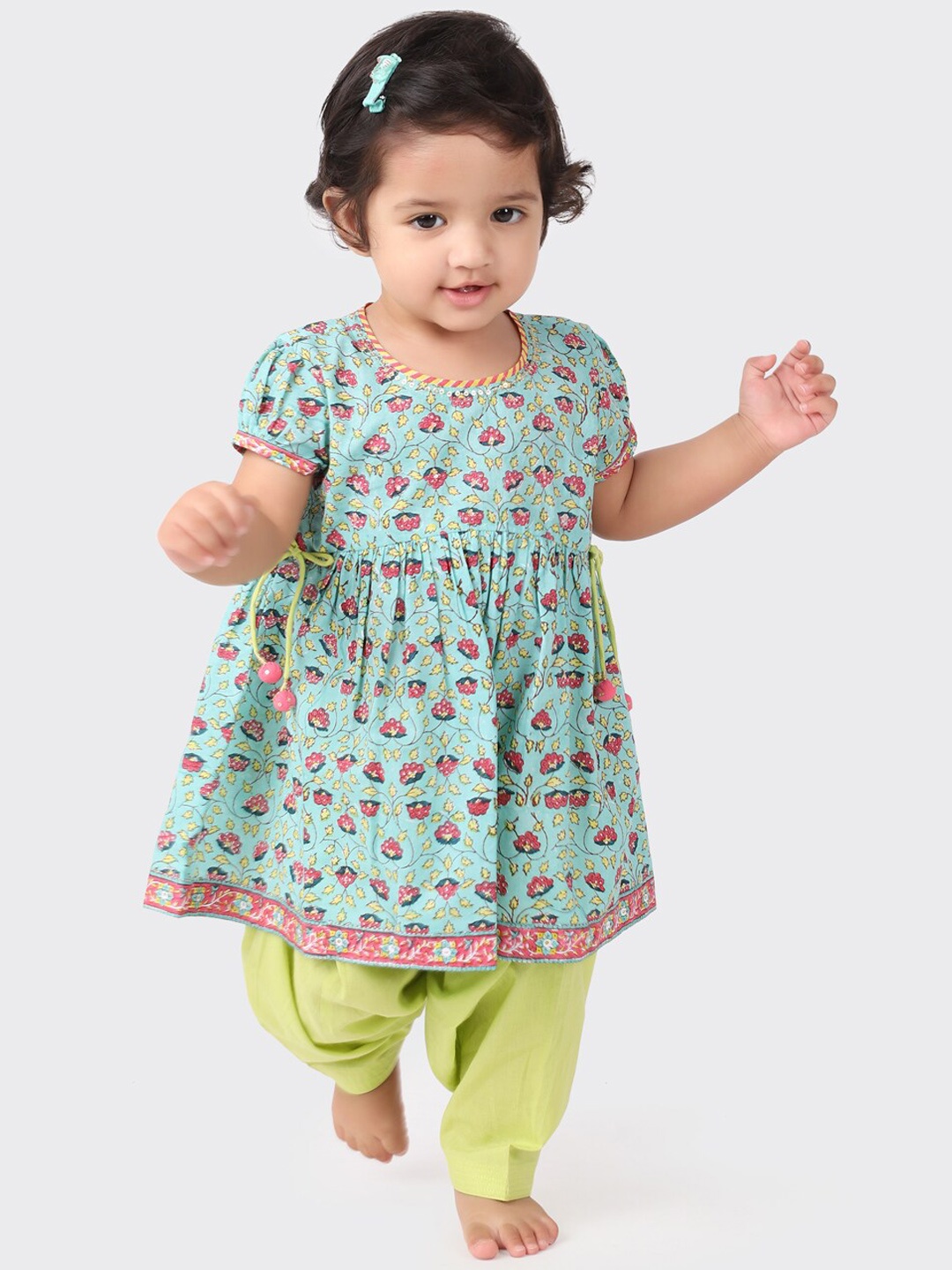 

Fabindia Girls Floral Printed Empire Pure Cotton Kurta with Salwar, Turquoise blue