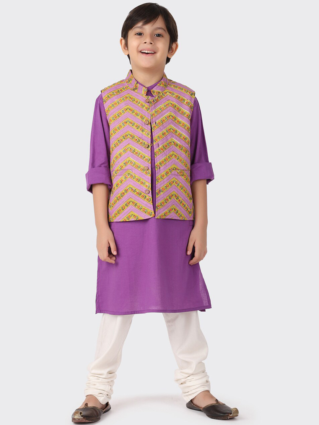 

Fabindia Boys Ethnic Motifs Pure Cotton Kurta with Churidar, Purple