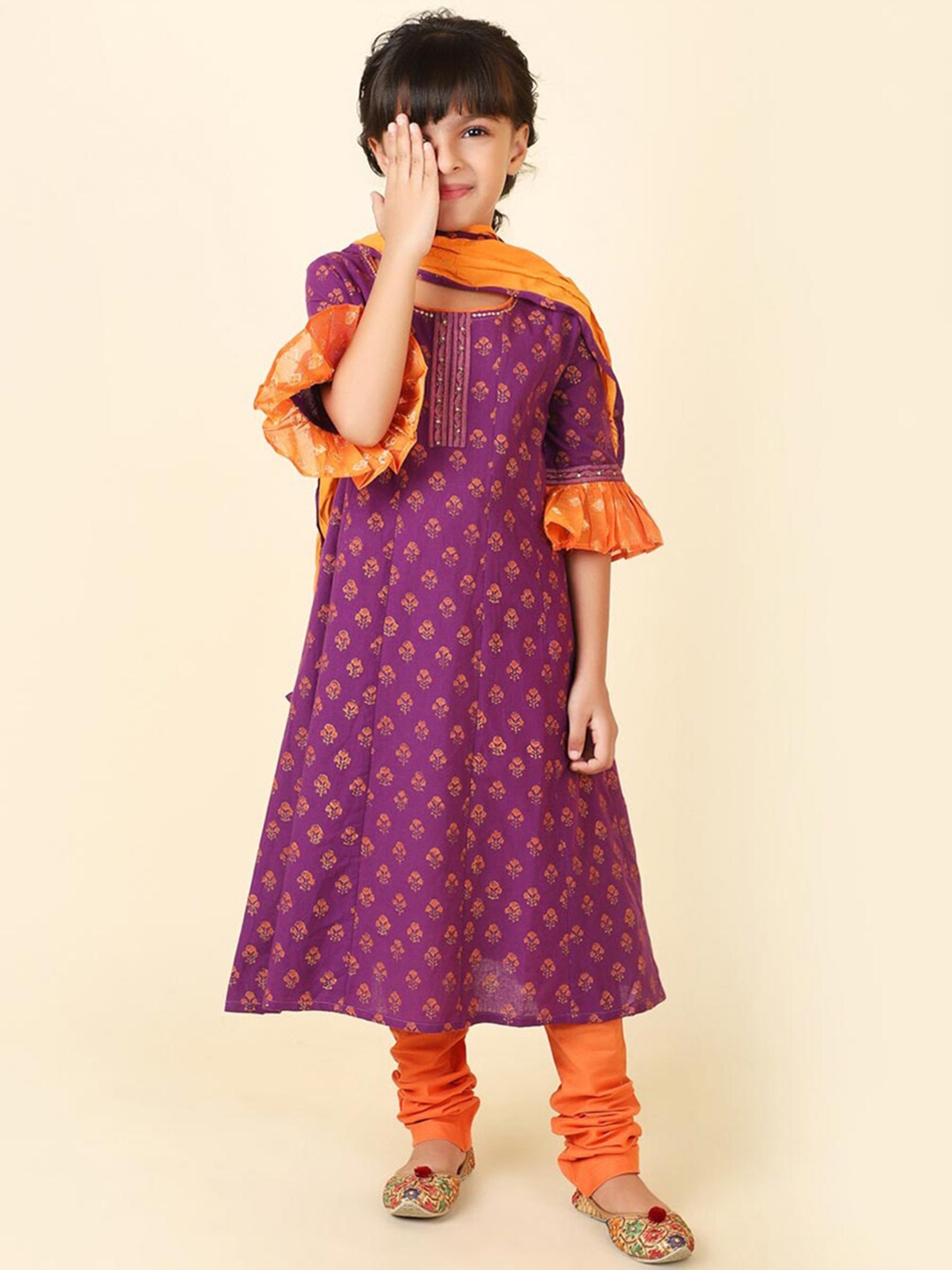 

Fabindia Girls Floral Printed Pure Cotton Kurta with Churidar & With Dupatta, Purple