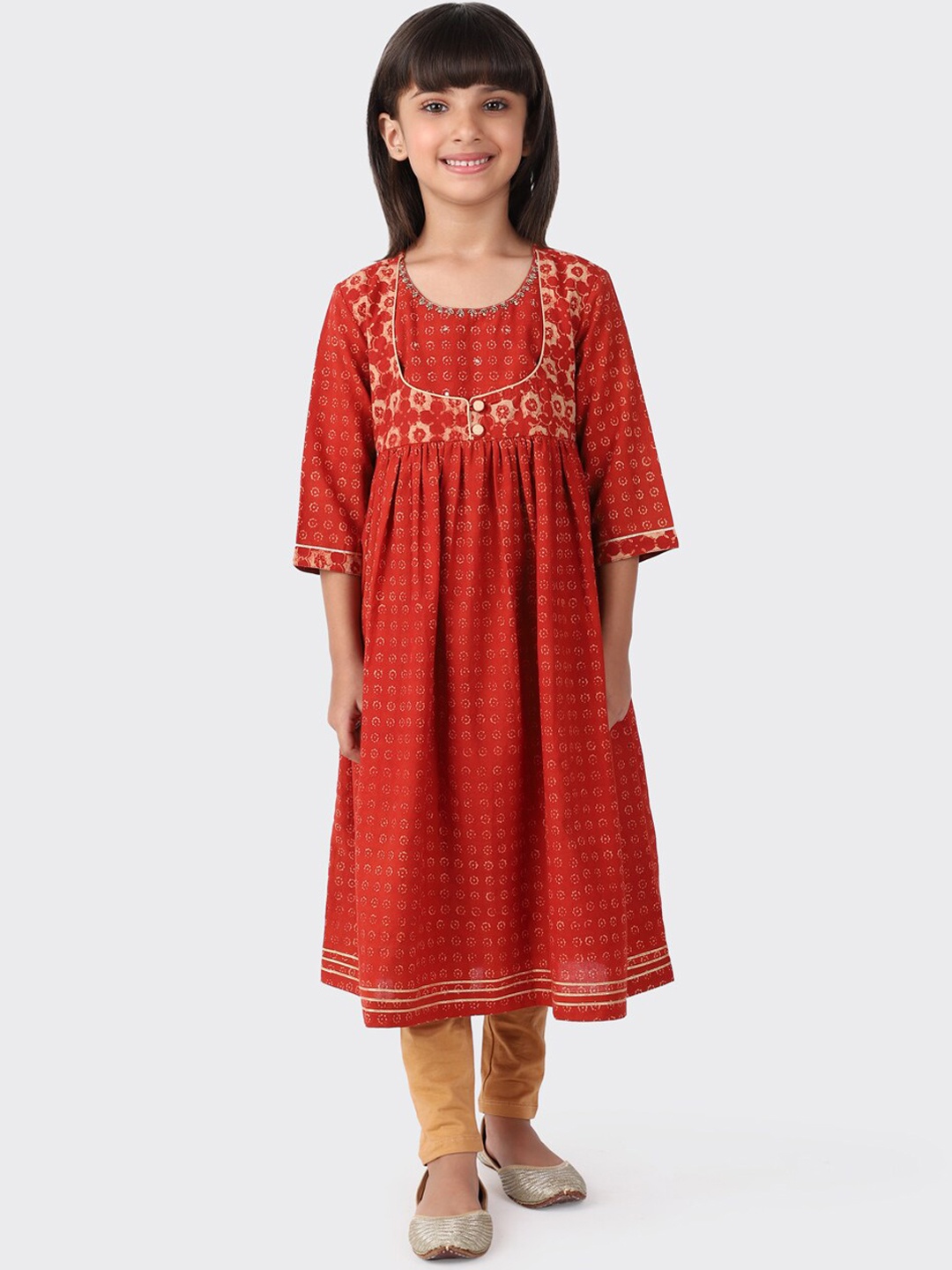 

Fabindia Girls Ethnic Motifs Printed Pure Cotton Kurta with Leggings, Red