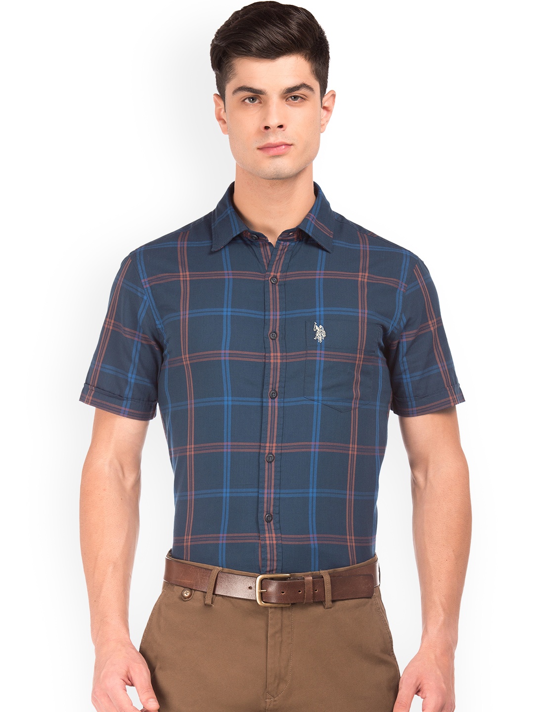 

U.S. Polo Assn. Men Navy Blue Tailored Fit Checked Casual Shirt