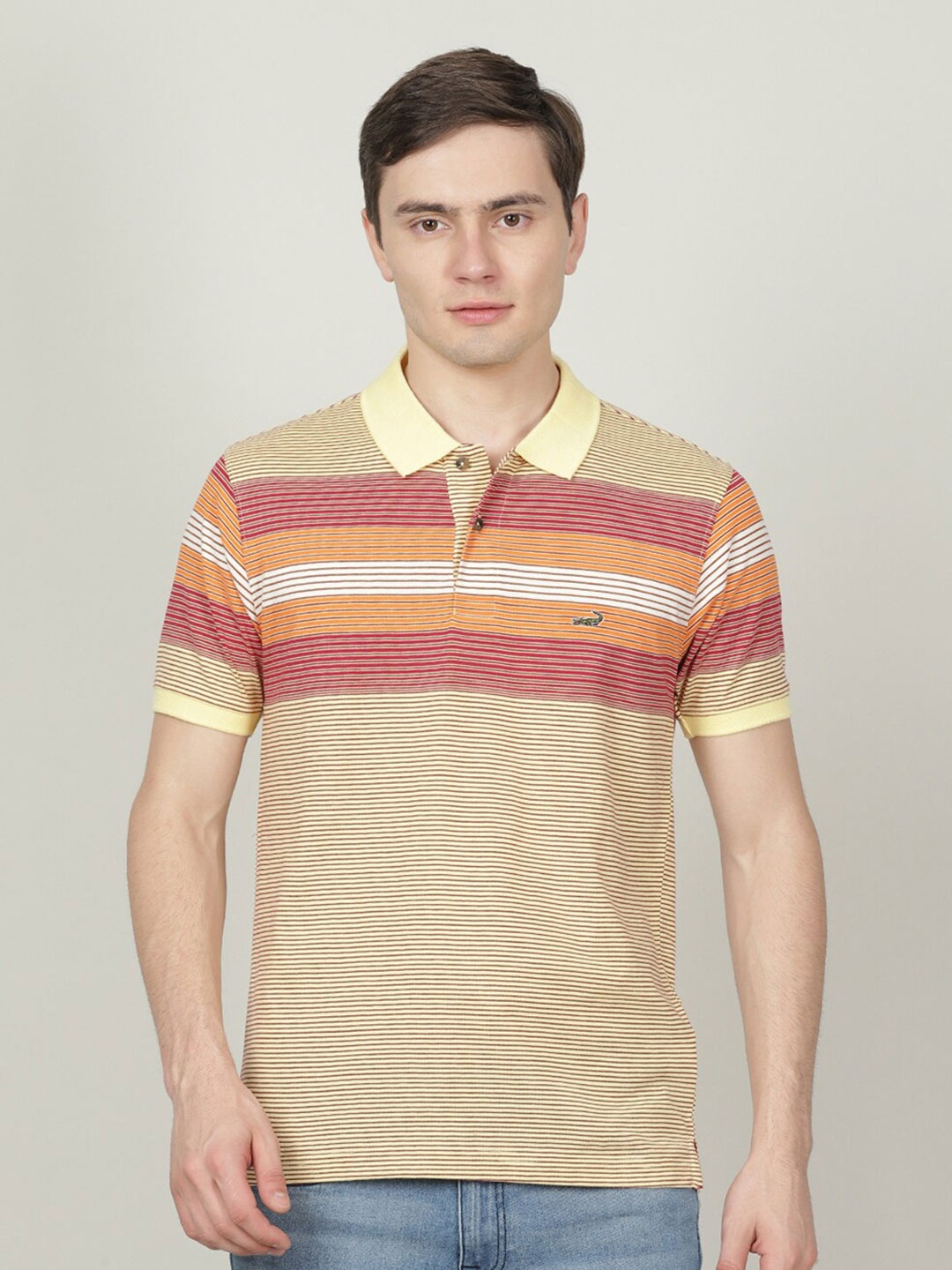 

Crocodile Men Striped Polo Collar Cotton T-shirt, Yellow