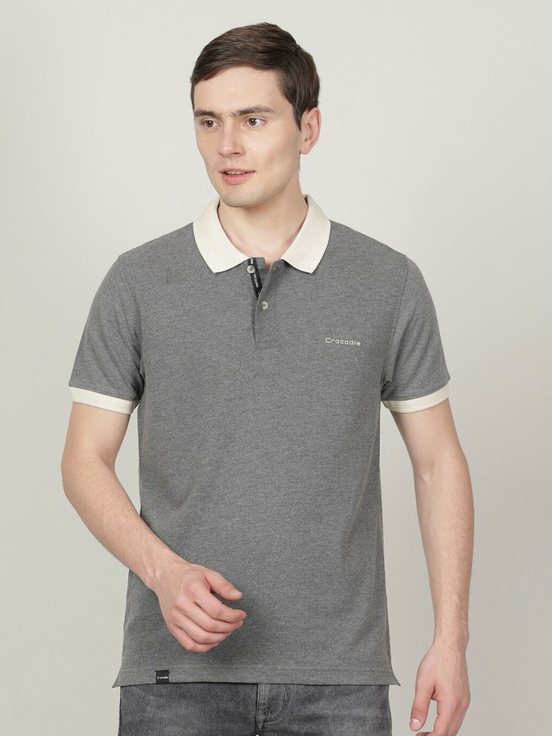 

Crocodile Men Polo Collar Slim Fit Cotton T-shirt, Grey melange