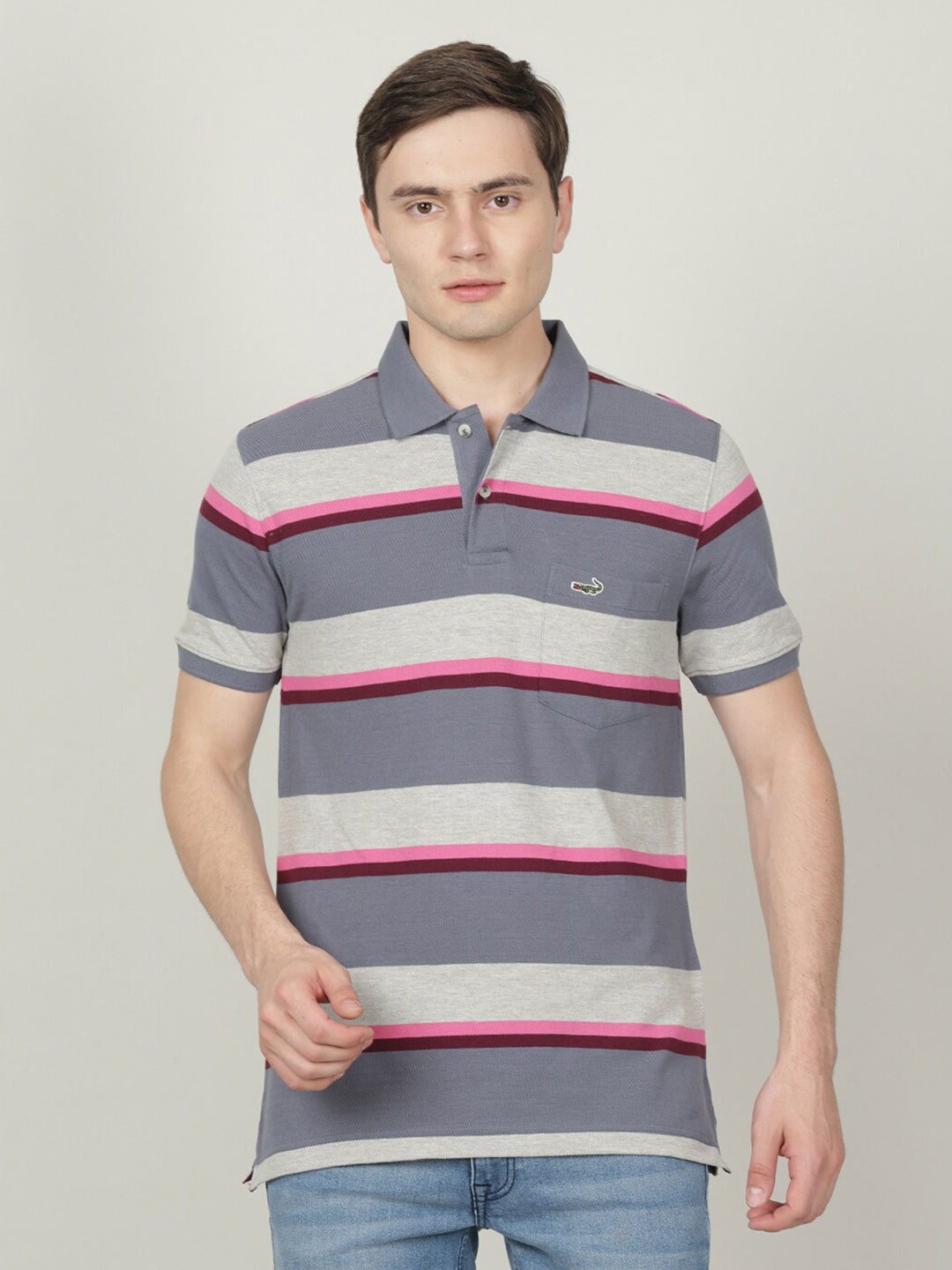 

Crocodile Men Striped Polo Collar Slim Fit Cotton T-shirt, Blue