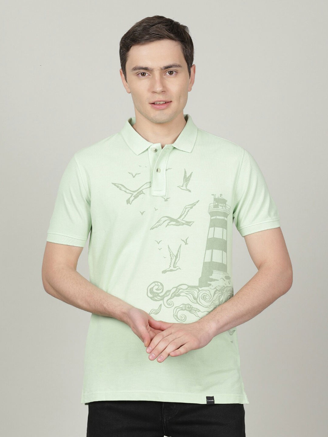 

Crocodile Men Green Printed Polo Collar Slim Fit T-shirt