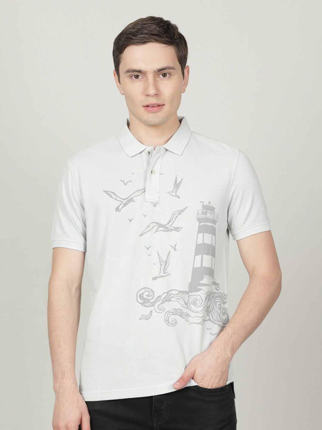 

Crocodile Men Printed Polo Collar Slim Fit Cotton T-shirt, Grey