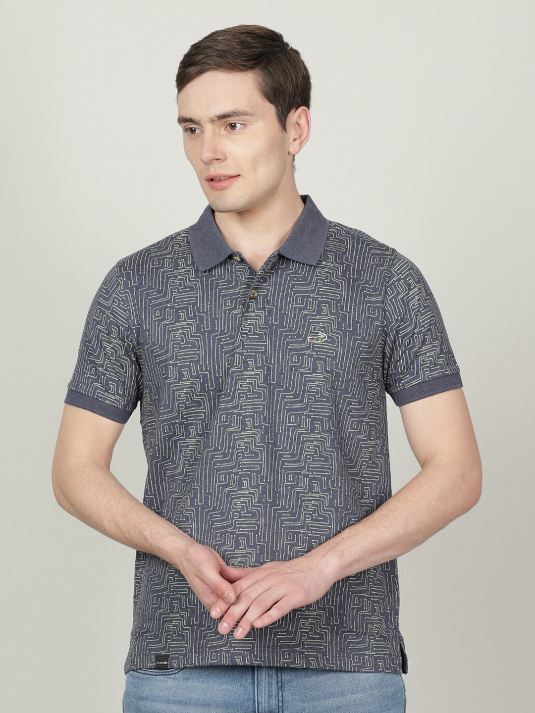 

Crocodile Men Printed Polo Collar Slim Fit Cotton T-shirt, Grey