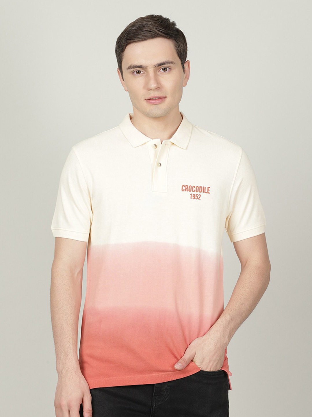 

Crocodile Men Tie and Dye Polo Collar Cotton T-shirt, Rose