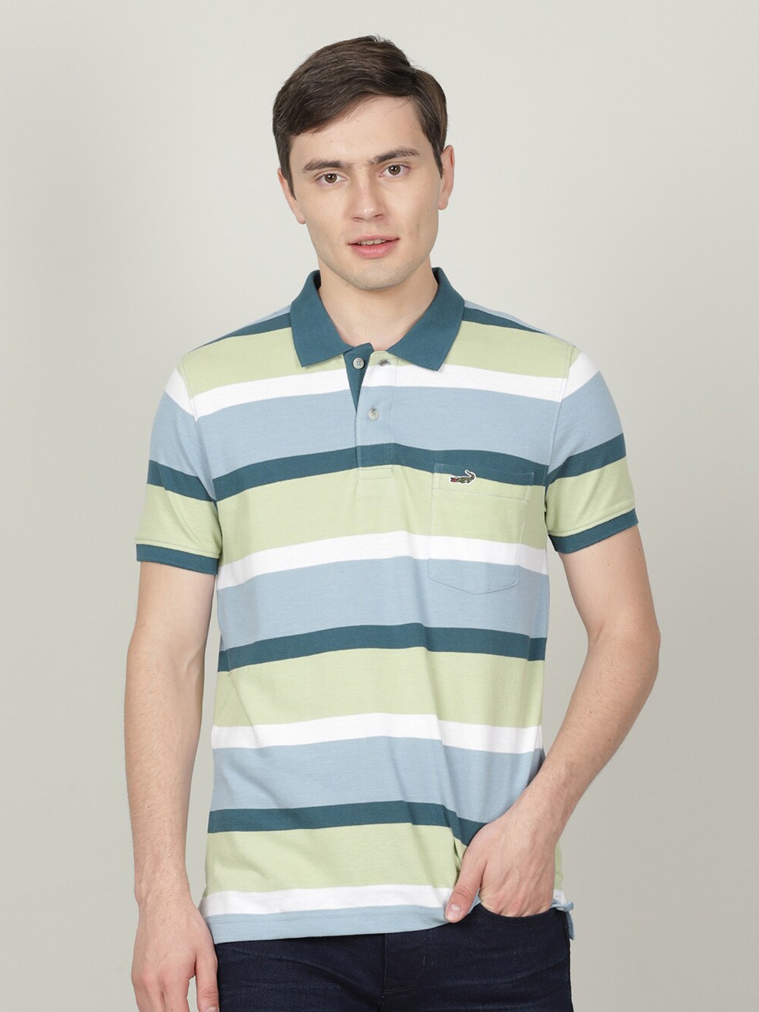 

Crocodile Men Striped Polo Collar Slim Fit Cotton T-shirt, Sea green