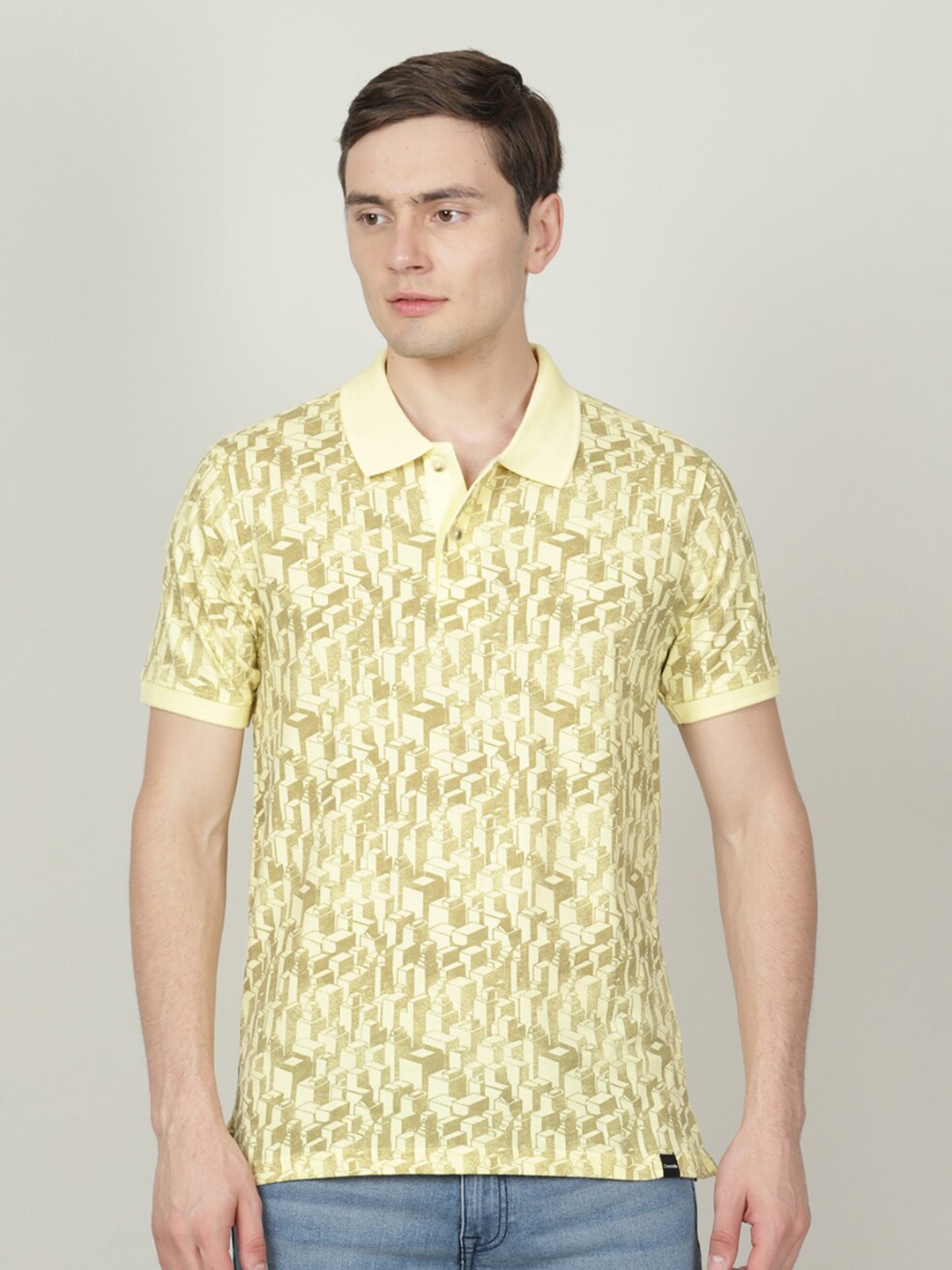 

Crocodile Men Floral Printed Polo Collar Slim Fit Cotton T-shirt, Gold