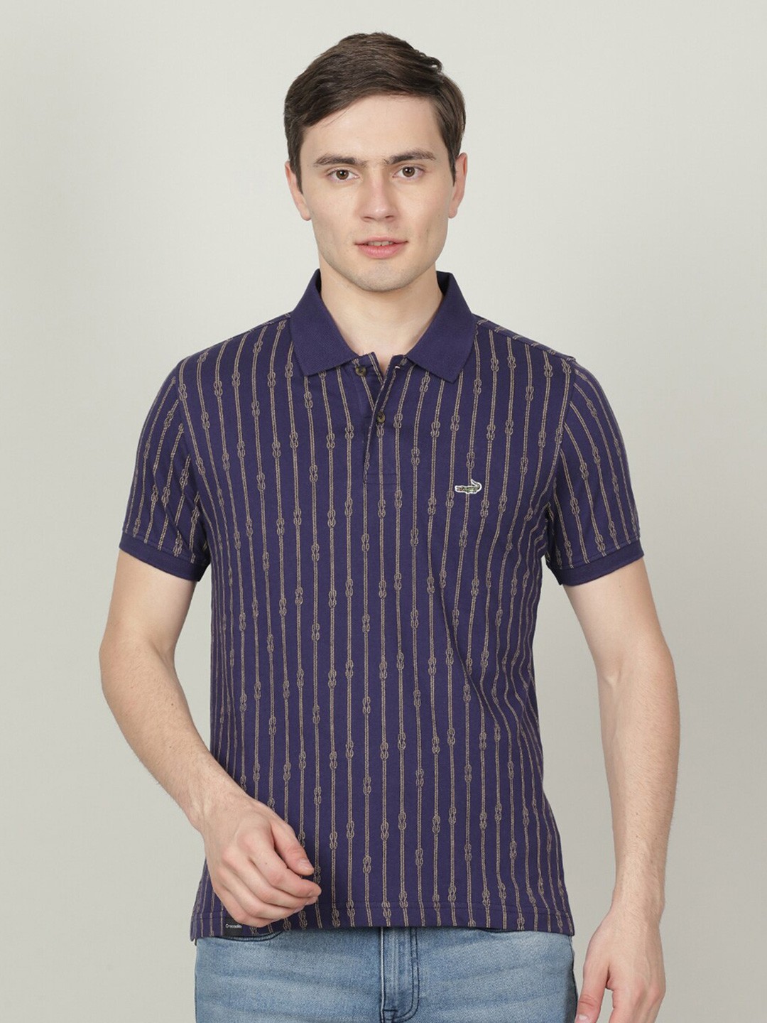 

Crocodile Men Striped Cotton Polo Collar Slim Fit T-shirt, Purple