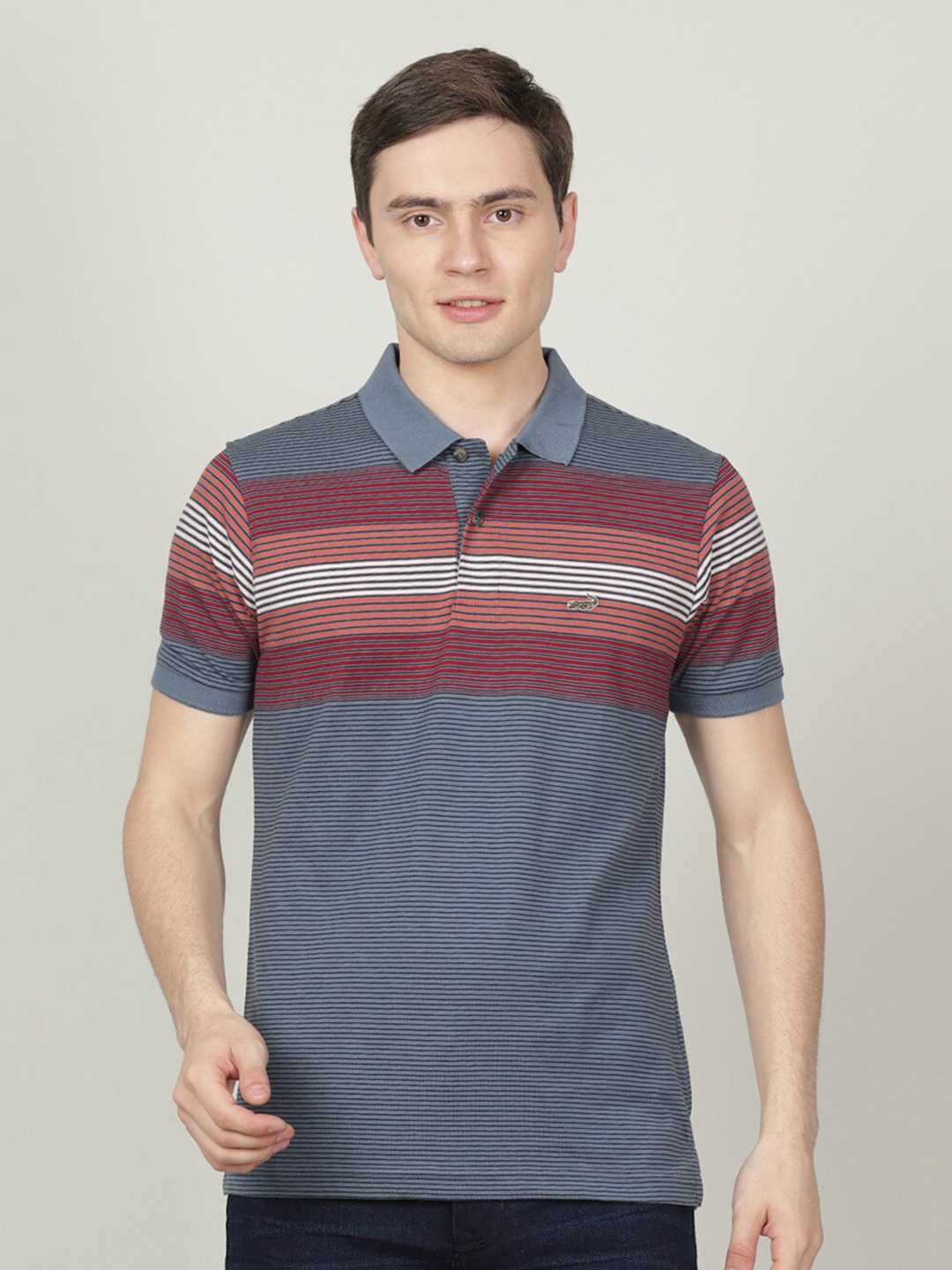 

Crocodile Men Striped Polo Collar Slim Fit Cotton T-shirt, Grey