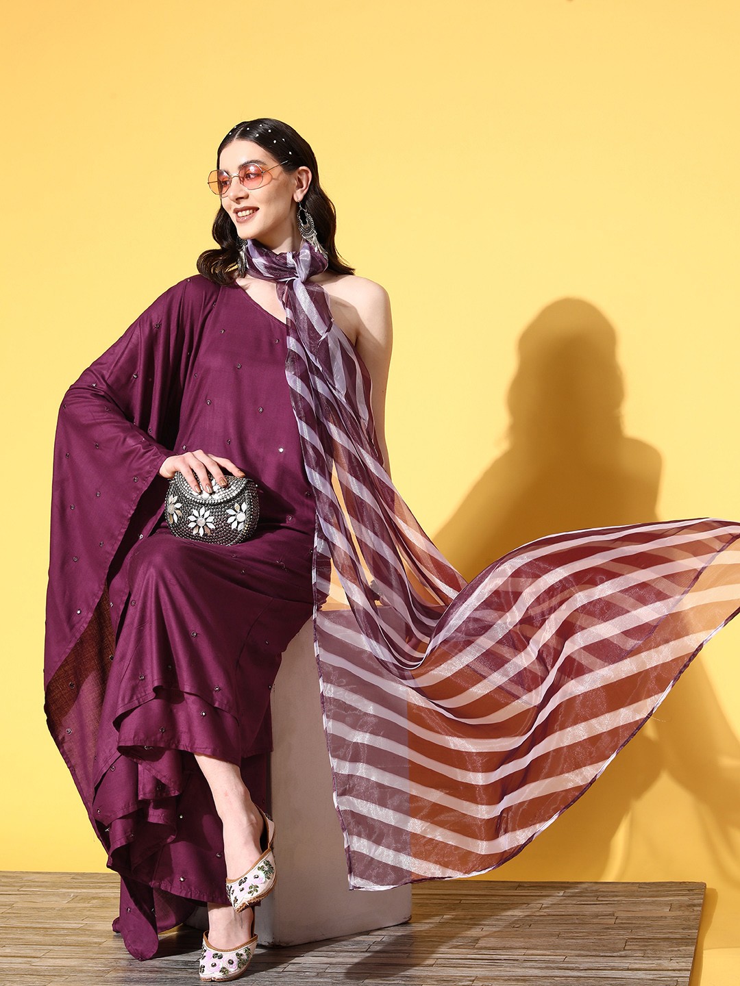 

InWeave Women Purple Embroidered Mirror Work Kurta with Palazzos & Dupatta
