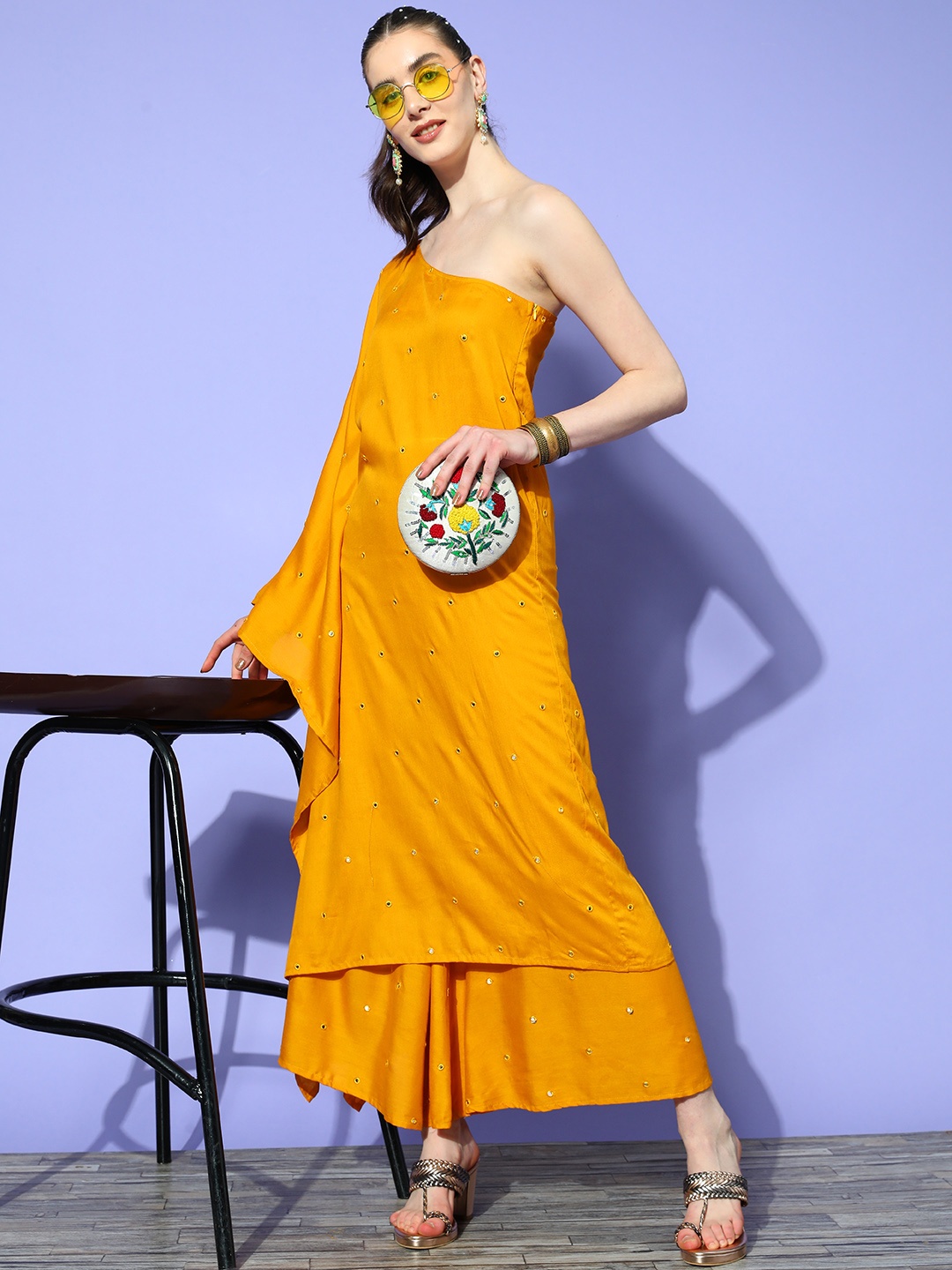 

InWeave Women Mustard Yellow Embroidered Mirror Work One Shoulder Kurta With Palazzos