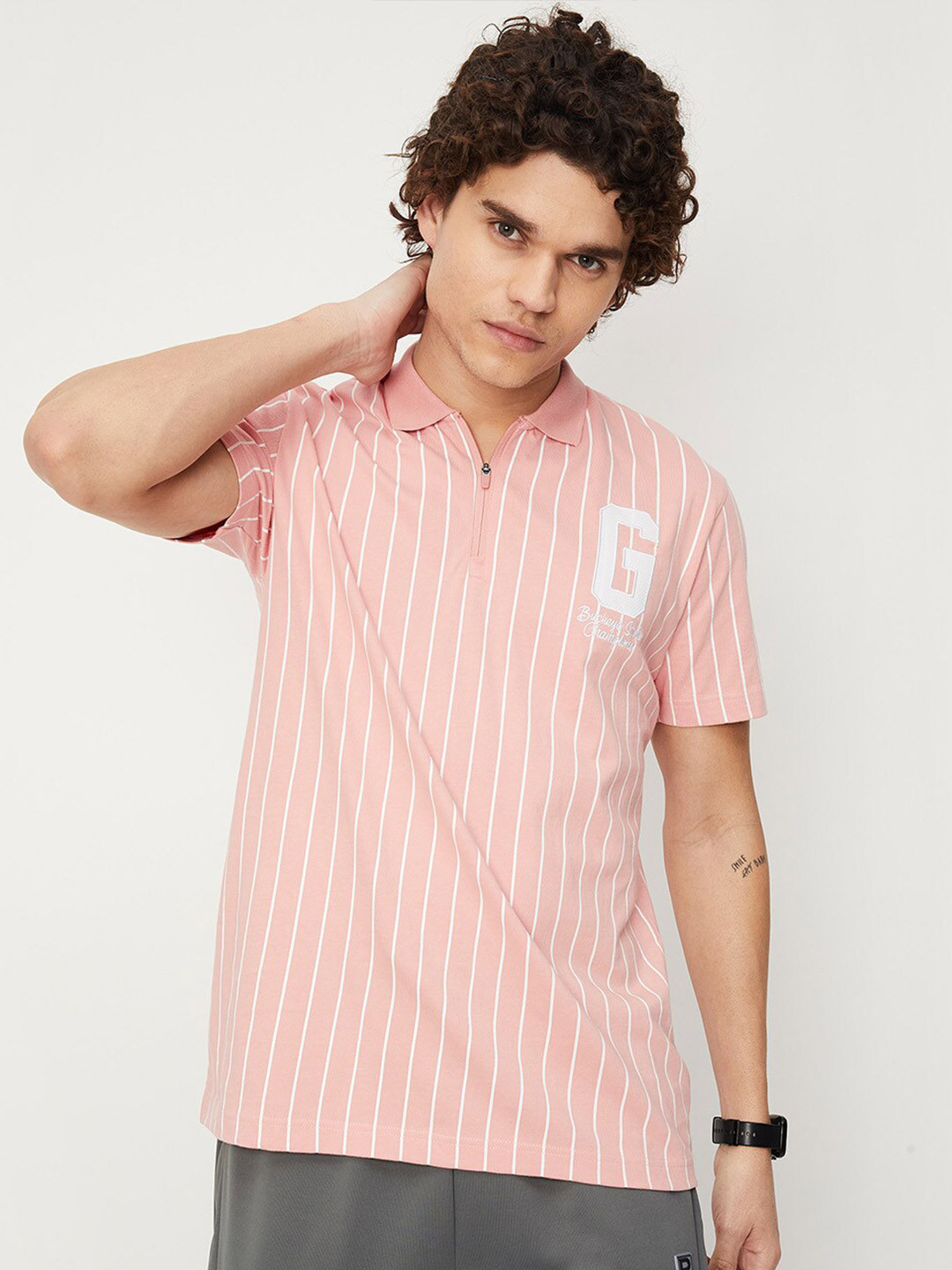 

max Men Striped Polo Collar Cotton T-shirt, Pink