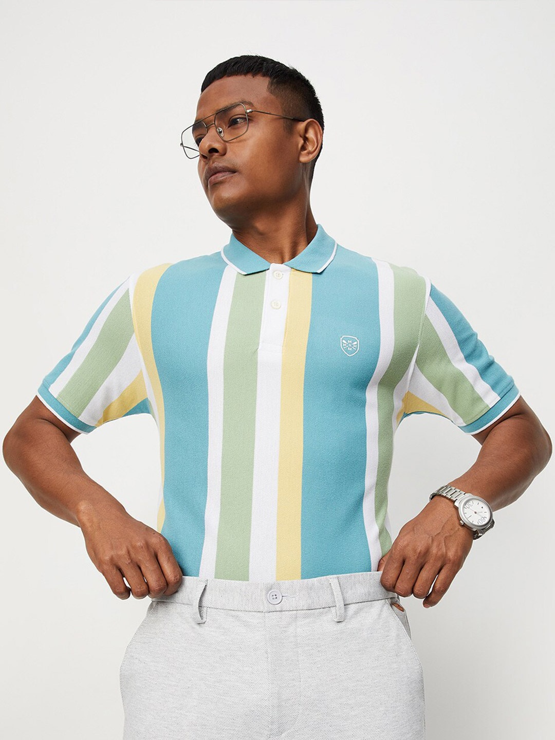 

max Men Striped Polo Collar Cotton T-shirt, Blue