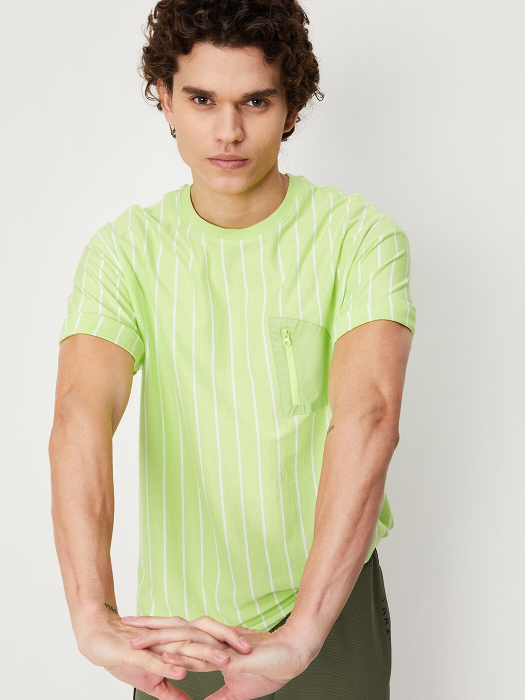 

max Men Striped Cotton T-shirt, Fluorescent green