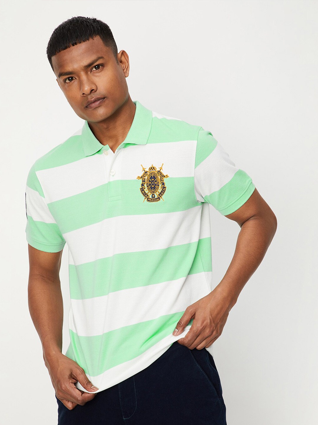 

max Men Striped Polo Collar T-shirt, Green