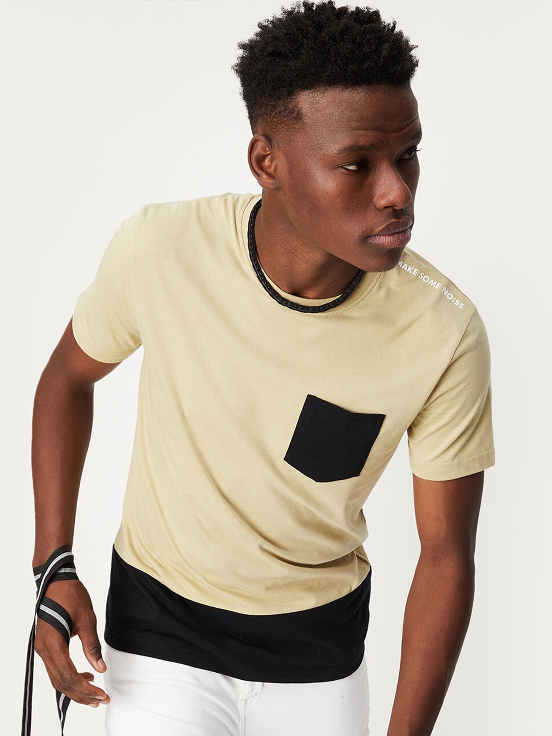 

max Men Round Neck Cotton T-shirt, Beige