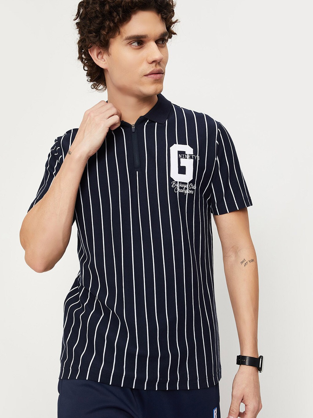 

max Men Striped Cotton Polo Collar T-shirt, Blue