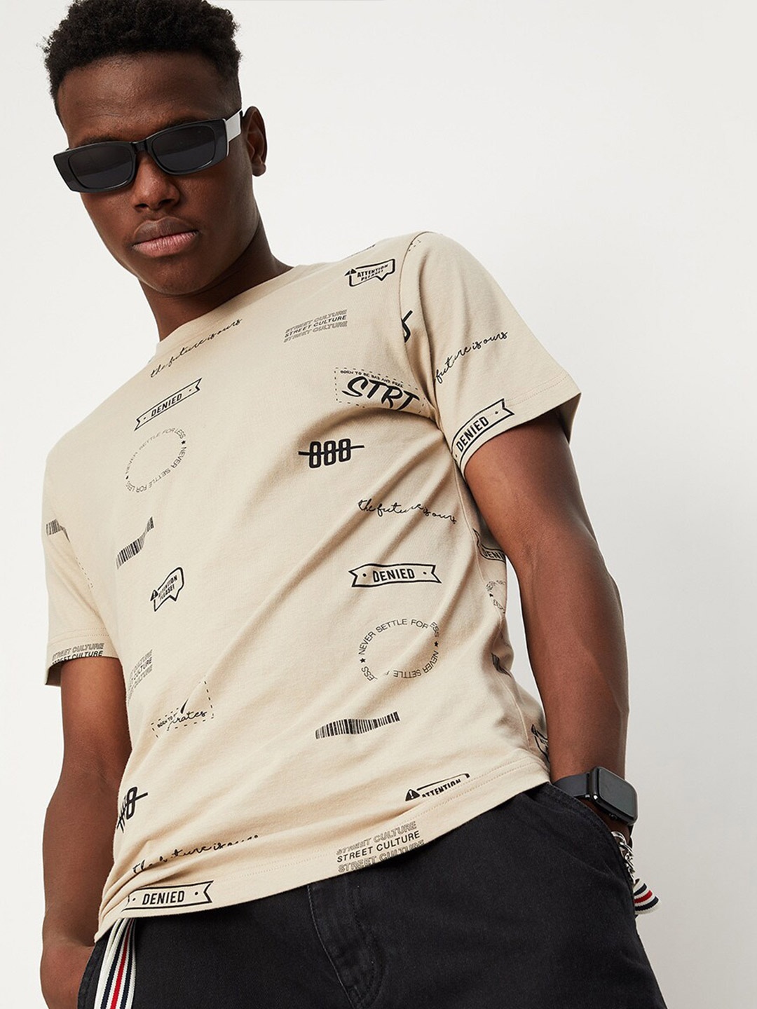 max Men Conversational Printed Regular Fit Cotton T-shirt, Beige