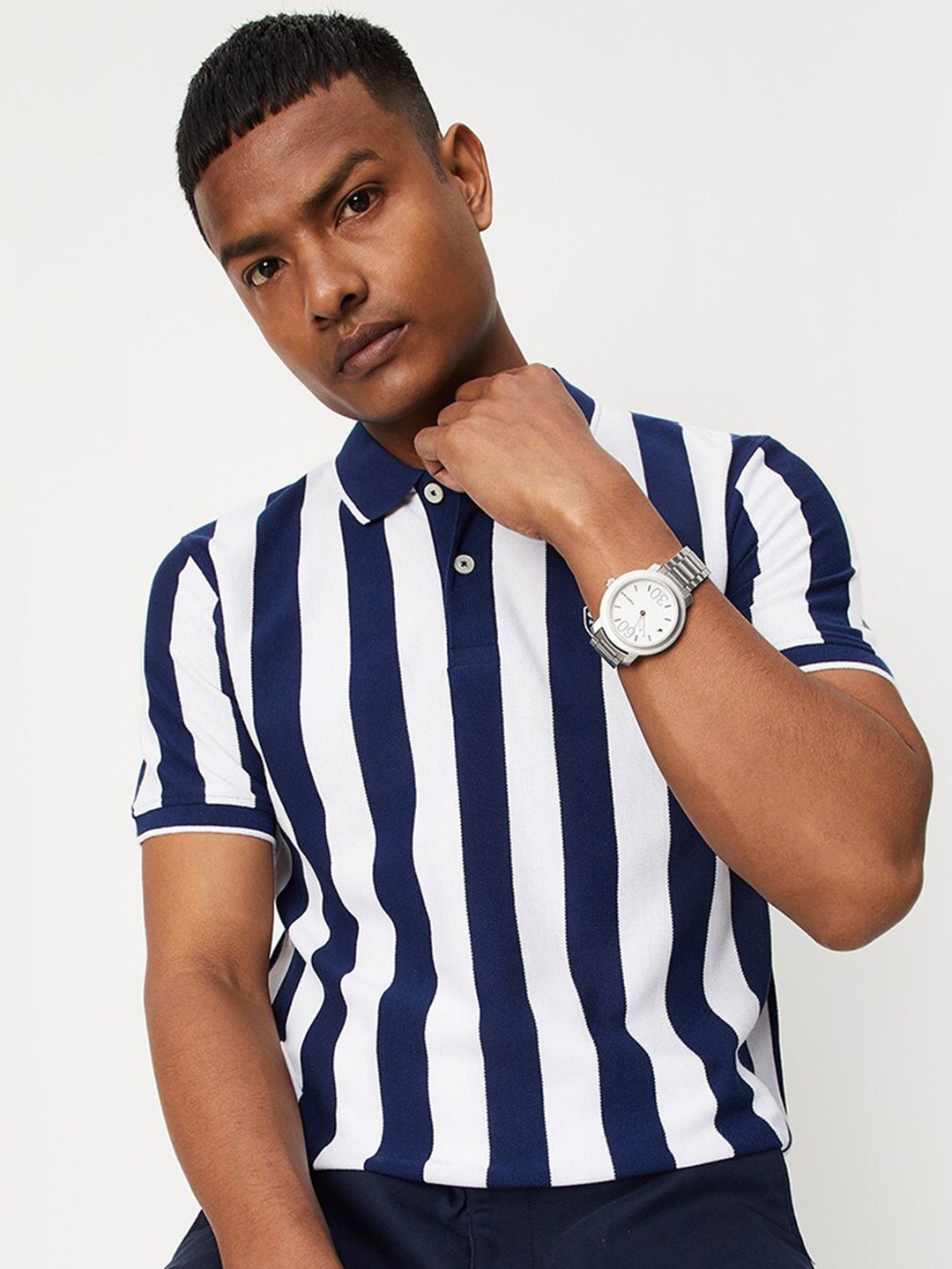 

max Men Striped Polo Collar T-shirt, White