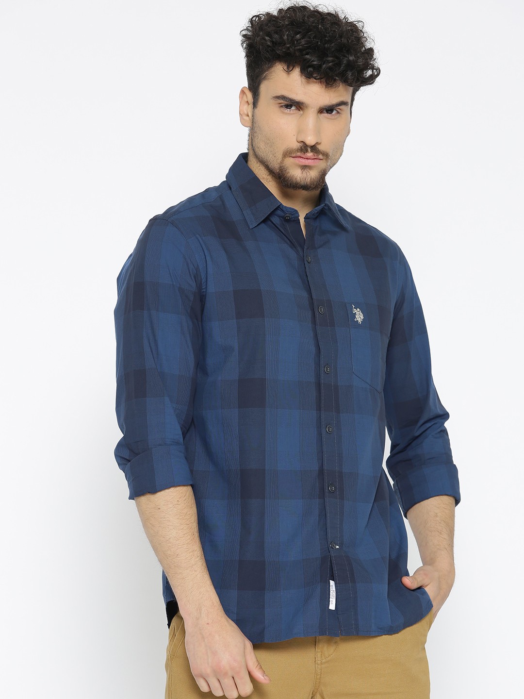 

U.S. Polo Assn. Men Navy Blue Tailored Fit Checked Casual Shirt