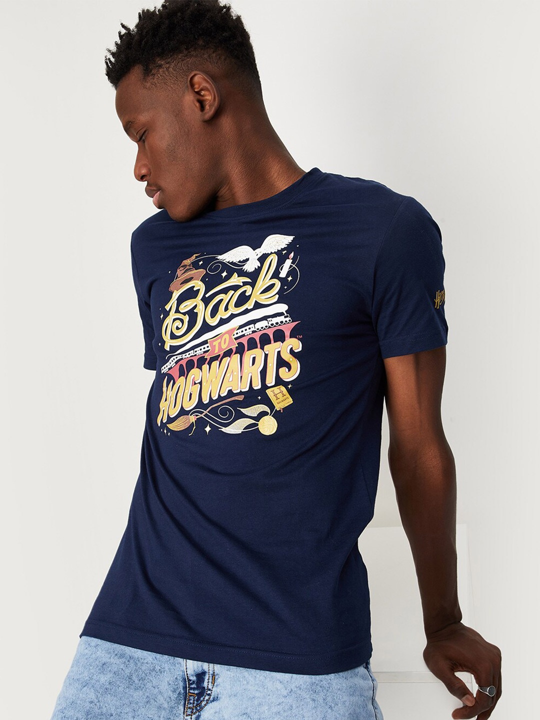 

max Men Hogwarts Printed Pure Cotton T-shirt, Navy blue