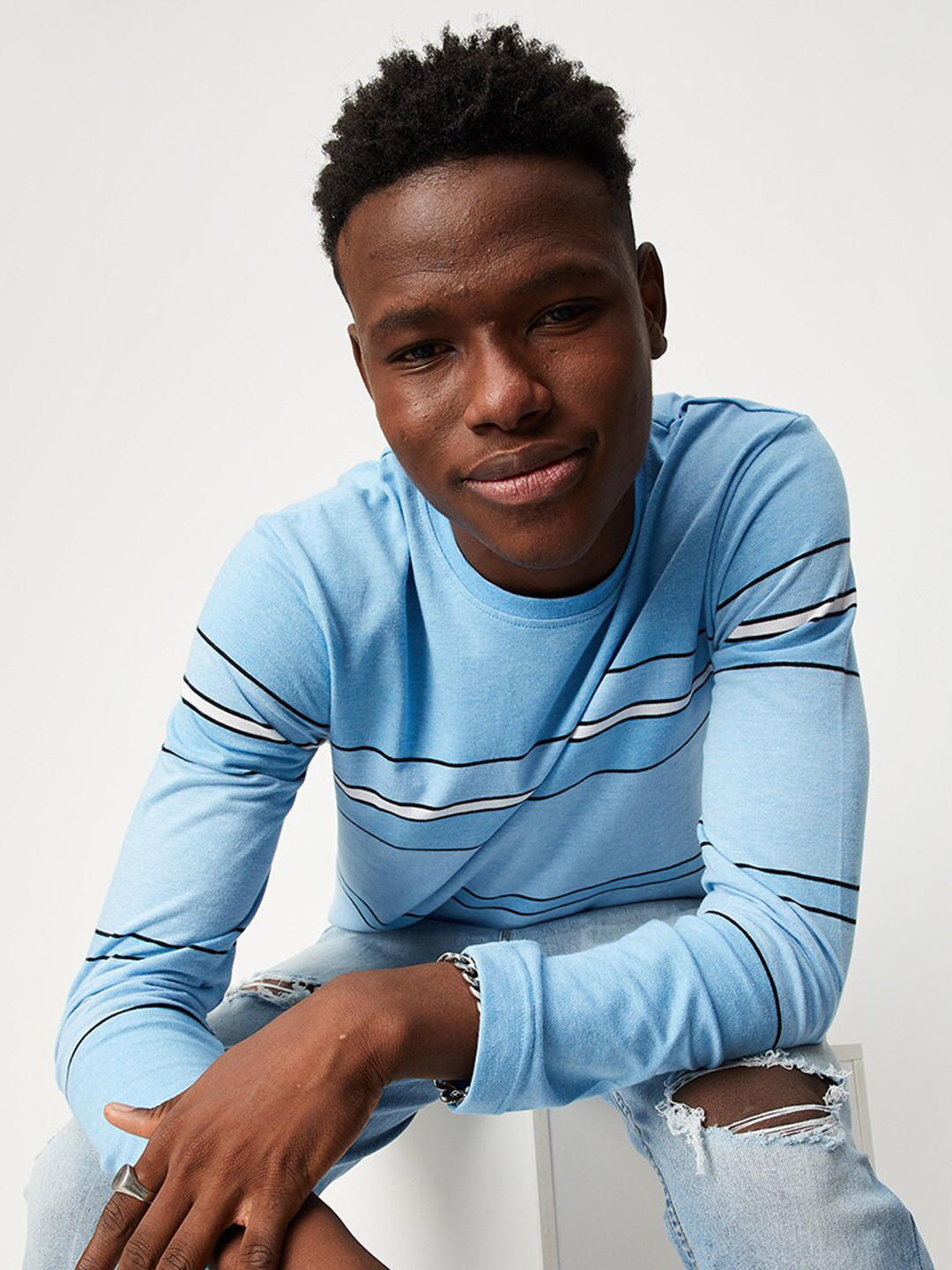 

max Men Striped Cotton T-shirt, Blue