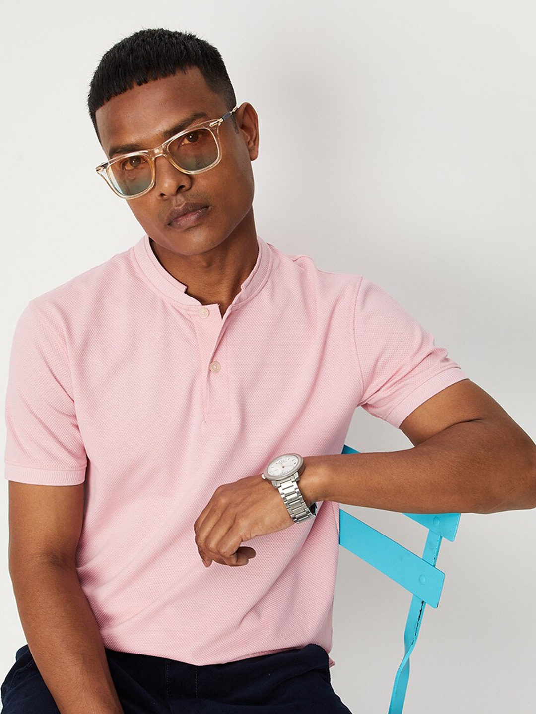 

max Men Mandarin Collar Cotton T-shirt, Pink
