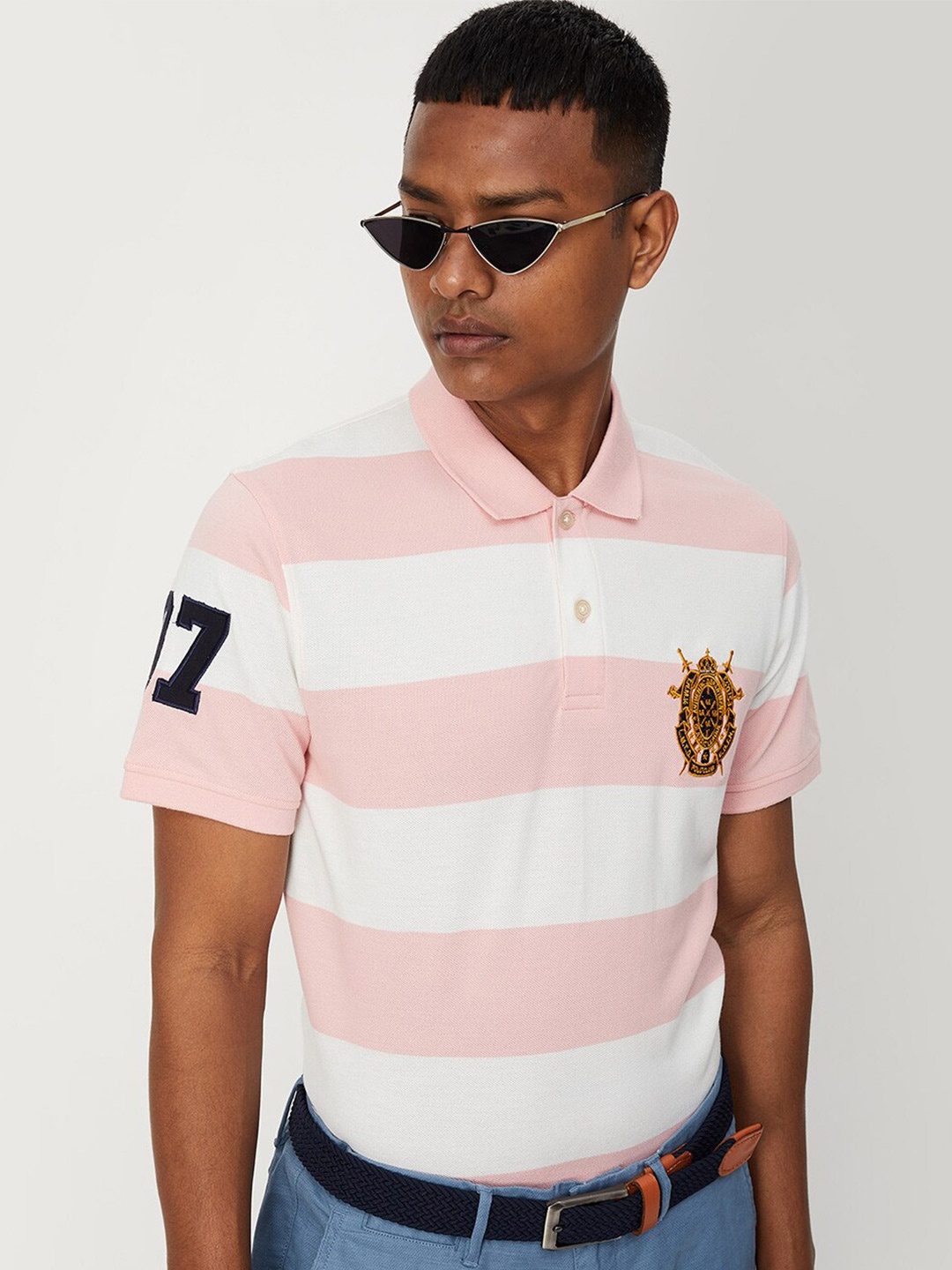 

max Men Striped Polo Collar T-shirt, Pink