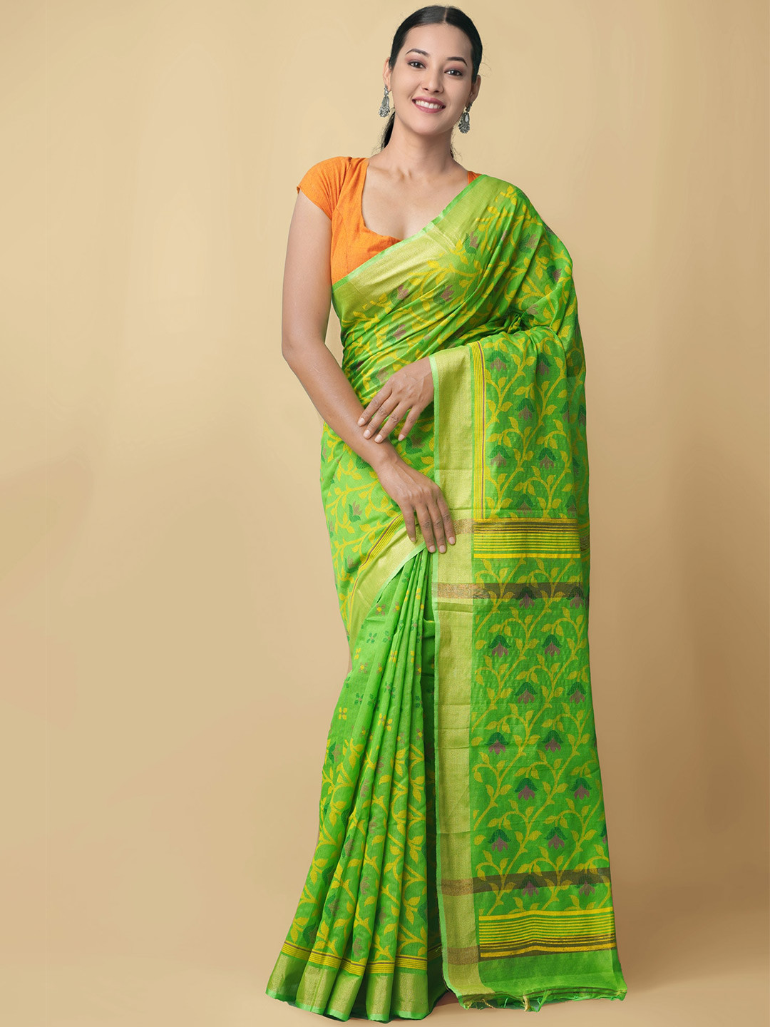 

Unnati Silks Woven Design Pure Linen Jamdani Saree, Green