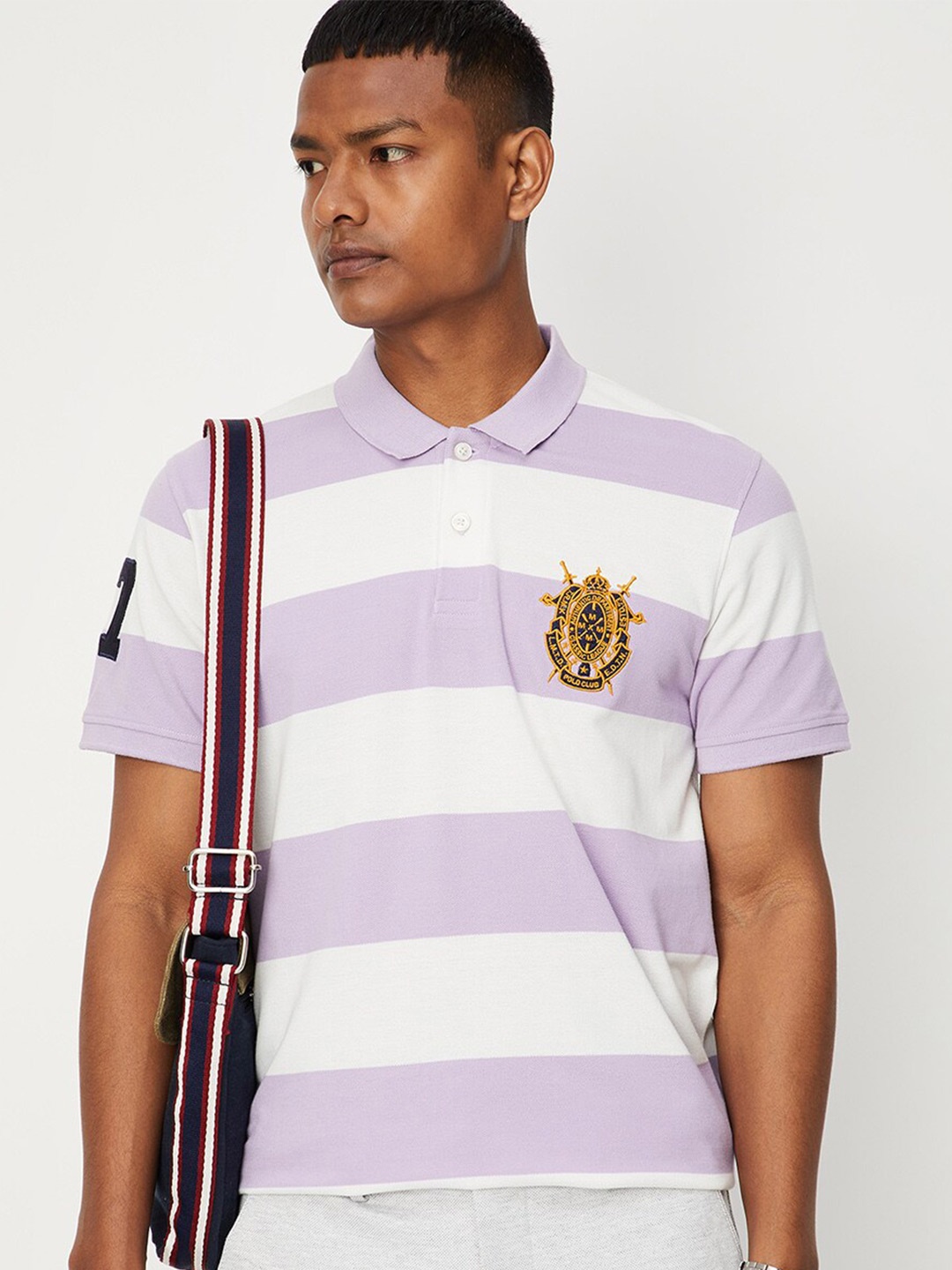 

max Men Striped Polo Collar Cotton T-shirt, Purple