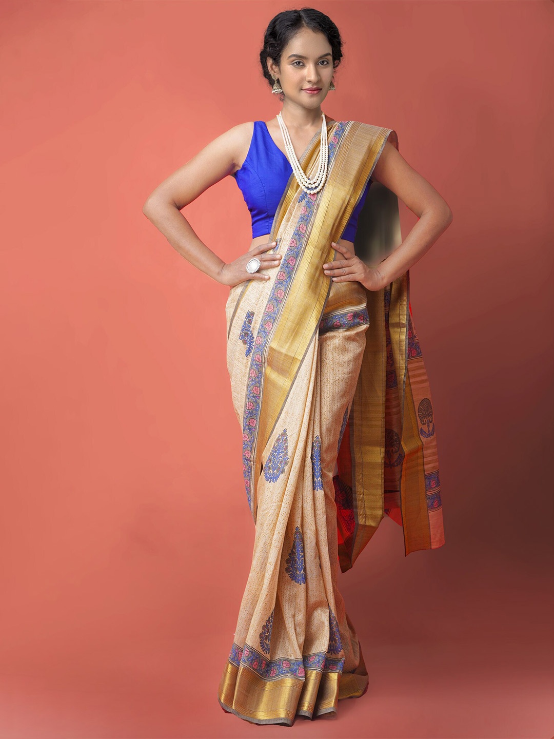 

Unnati Silks Ethnic Motifs Zari Silk Cotton Maheshwari Saree, Beige