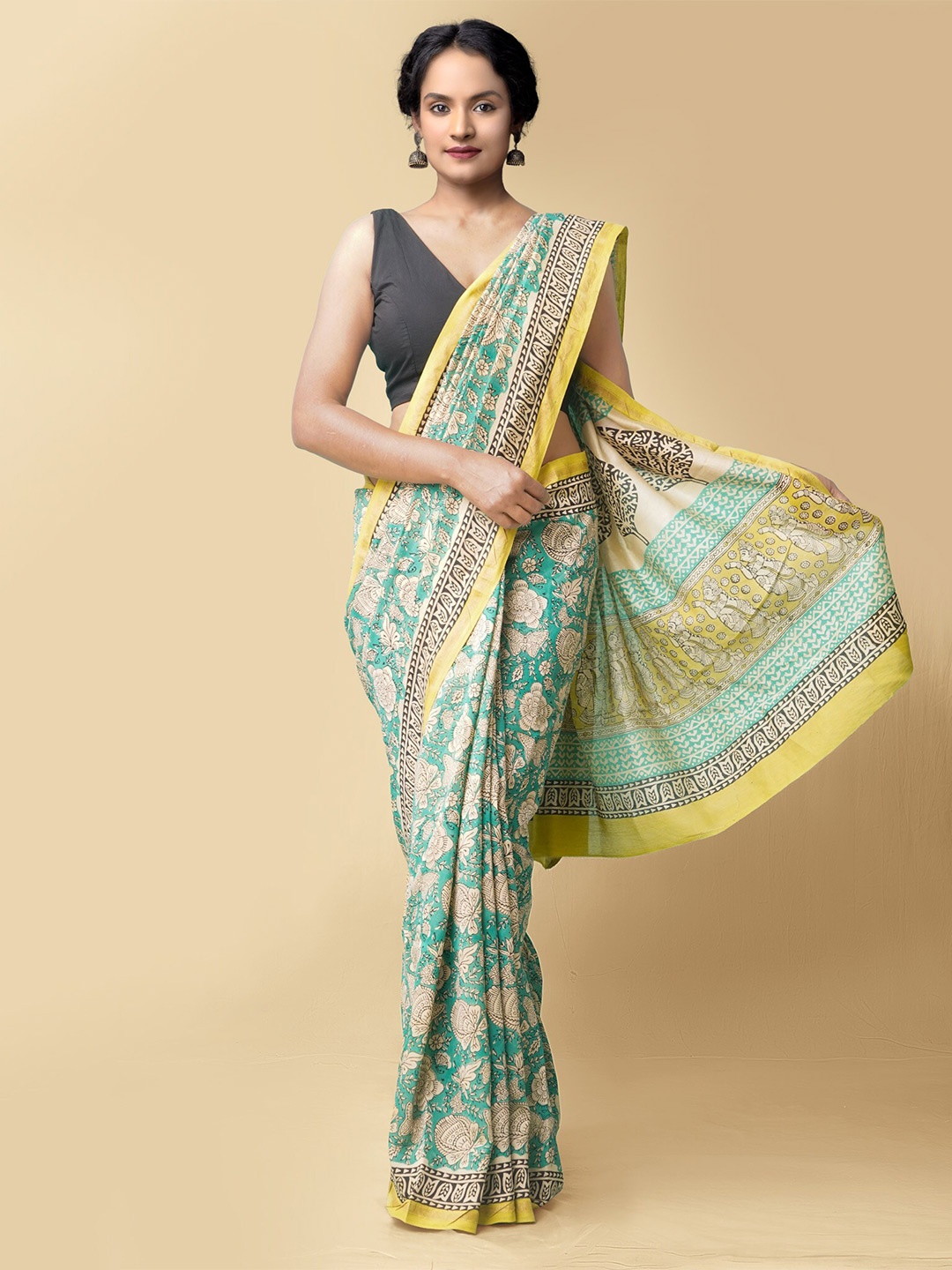 

Unnati Silks Ethnic Motifs Zari Silk Cotton Bagru Saree, Green
