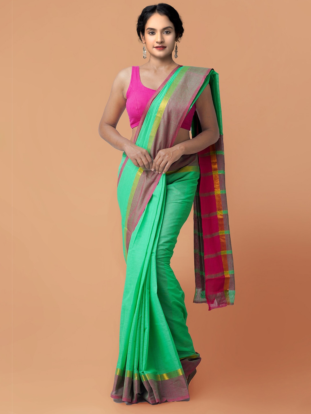 

Unnati Silks Striped Zari Pure Cotton Mangalagiri Saree, Green