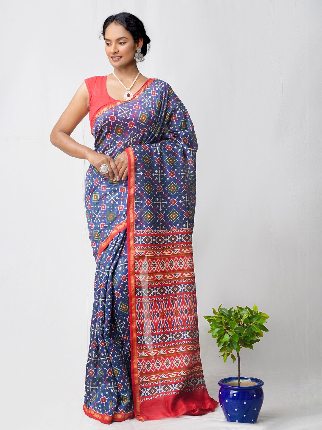 

Unnati Silks Bandhani Zari Silk Cotton Block Print Saree, Blue