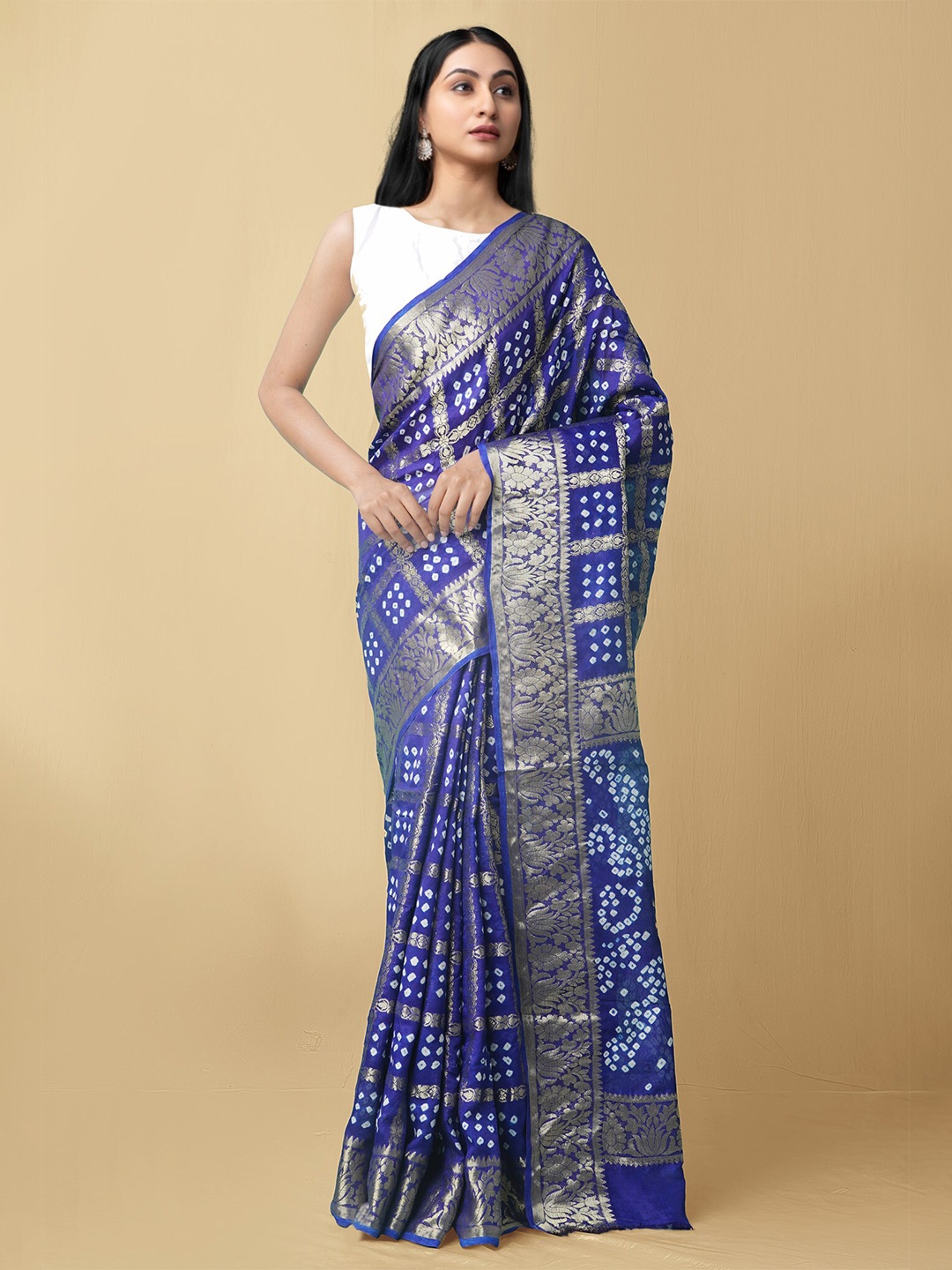 

Unnati Silks Tie And Dye Bandhani Silk Cotton Zari Saree, Blue