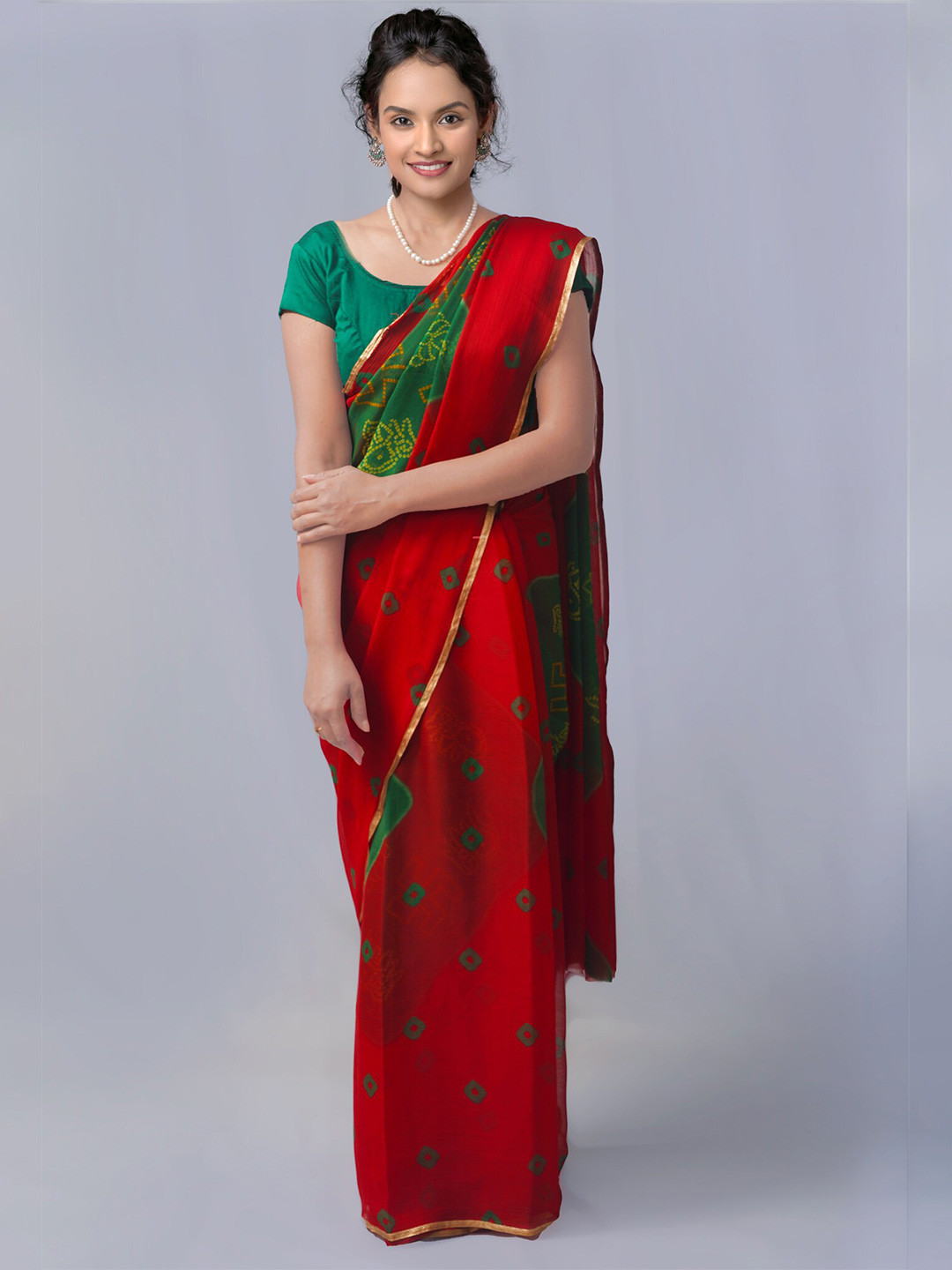 

Unnati Silks Bandhani Zari Silk Cotton Bhagalpuri Saree, Red
