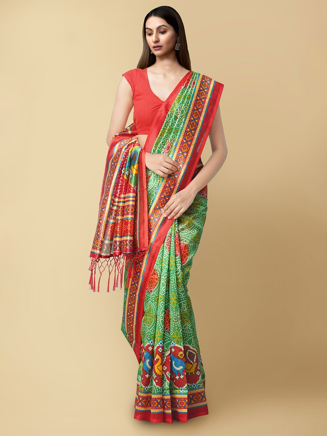 

Unnati Silks Bandhani Art Silk Patola Saree, Green