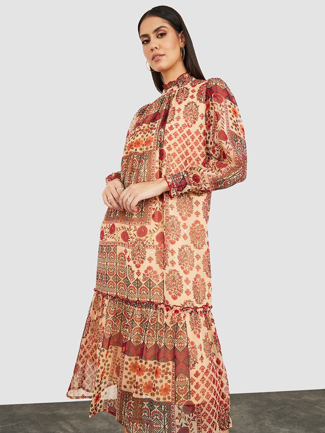 

Styli Ethnic Motifs Cuffed Sleeves Midi Dress, Beige