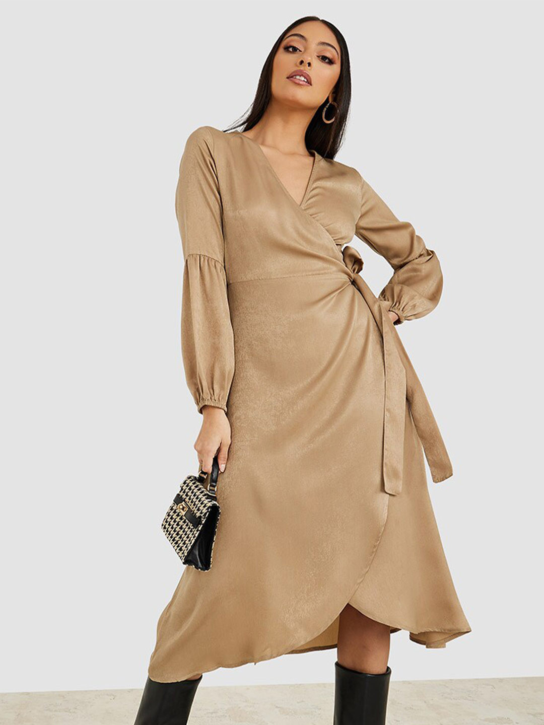 

Styli Wrap Style Puff Sleeves Midi Dress, Beige