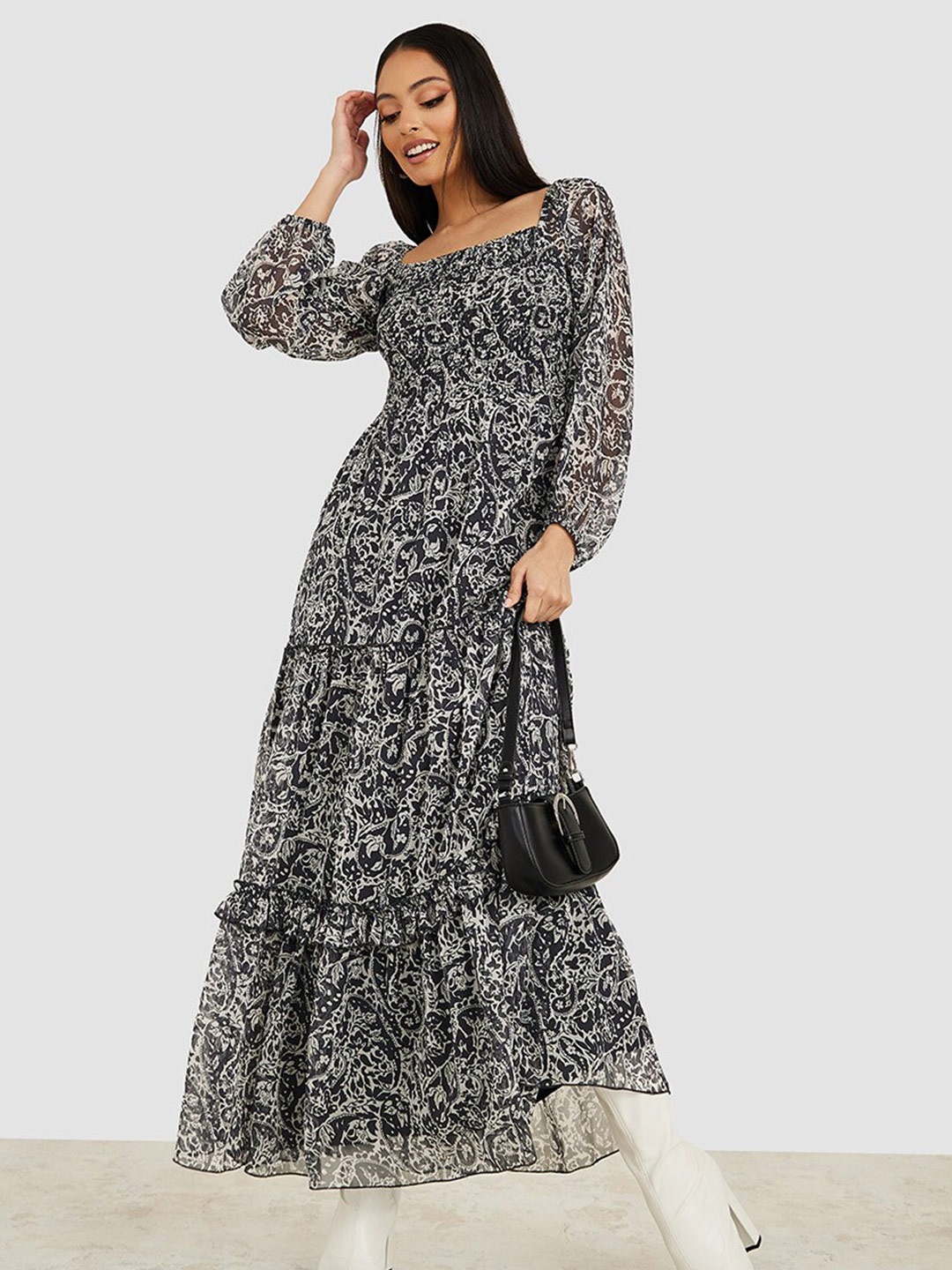 

Styli Ethnic Motifs Square Neck Puff Sleeves Maxi Dress, Black
