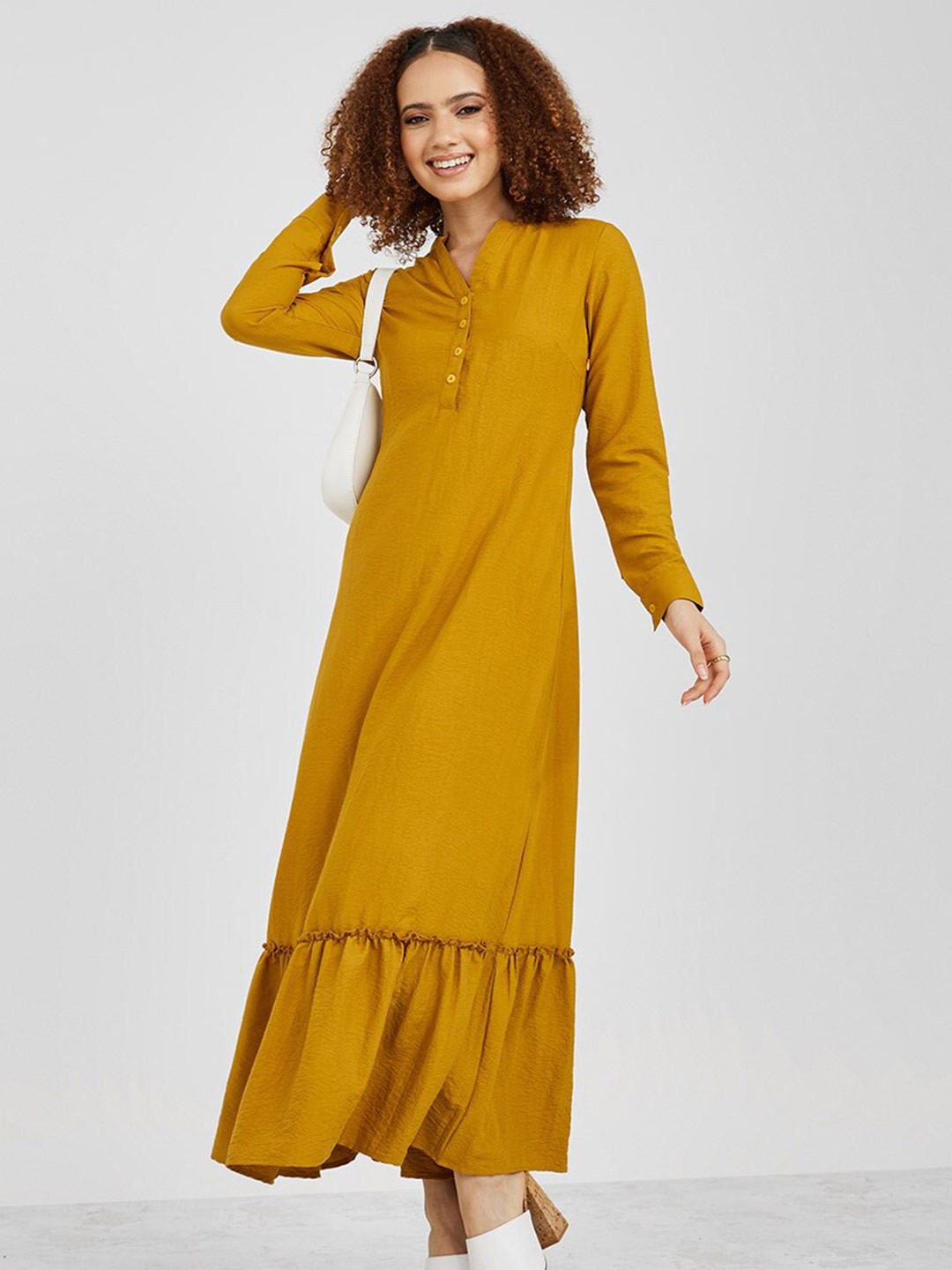 

Styli Mandarin Collar Cuffed Sleeves Maxi Dress, Mustard