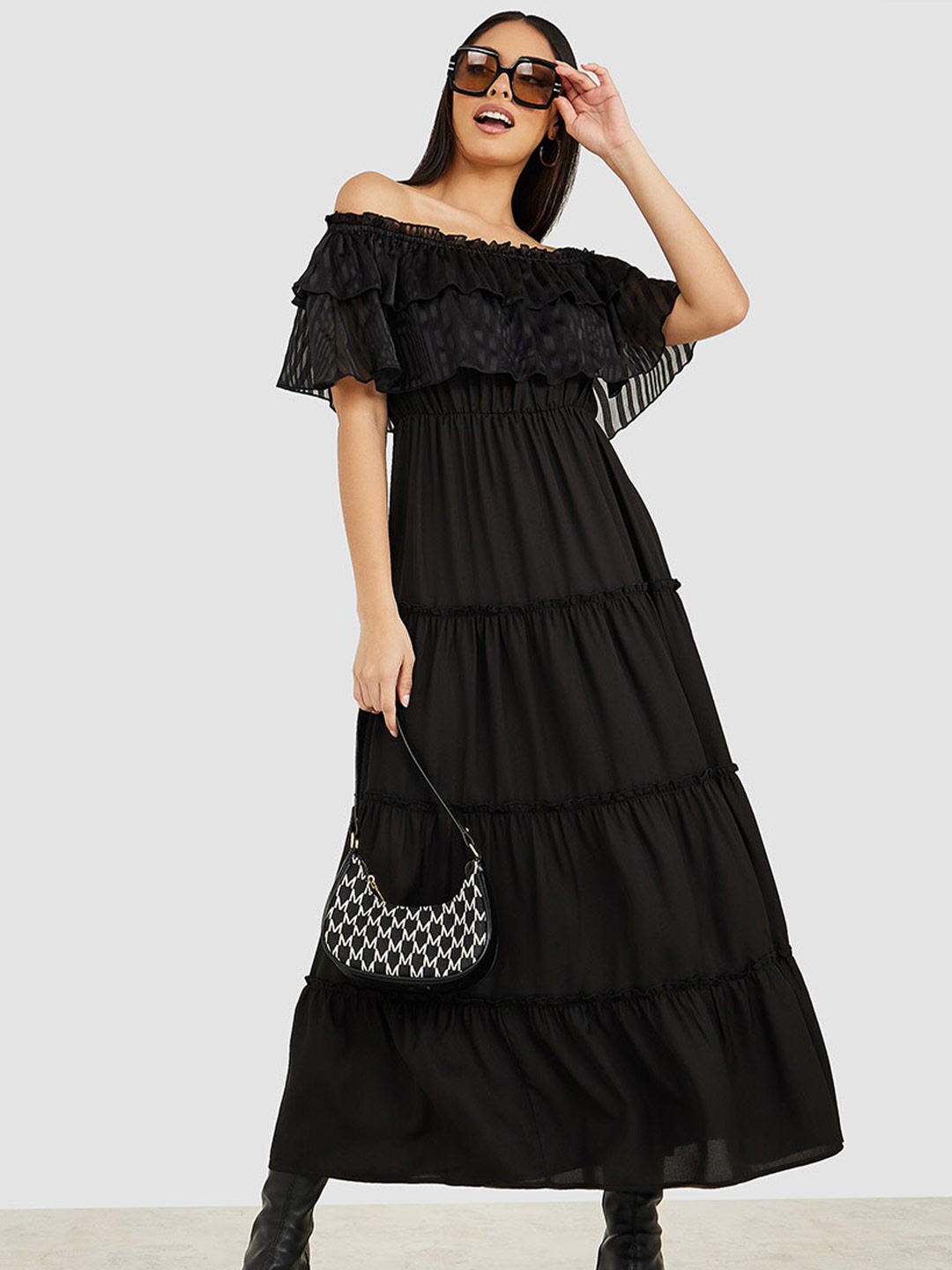 

Styli Off-Shoulder Flared Sleeves Tiered Maxi Dress, Black